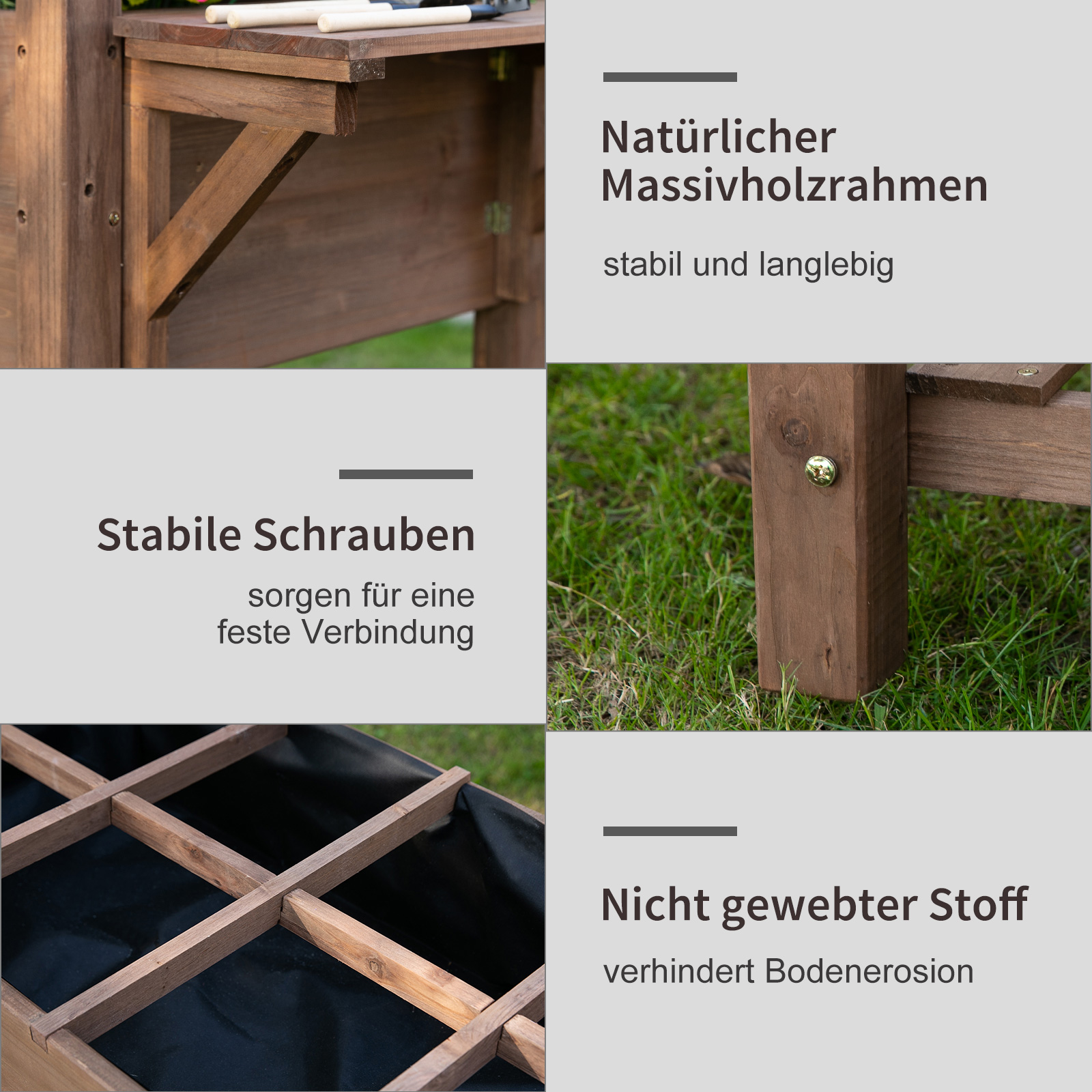 Hochbeet Pflanzkasten mit 8 geteilten Gittern faltbare Ablage Blumenkasten Blumentopf Kräuterbeet Massivholz Braun 123 x 54 x 80 cm