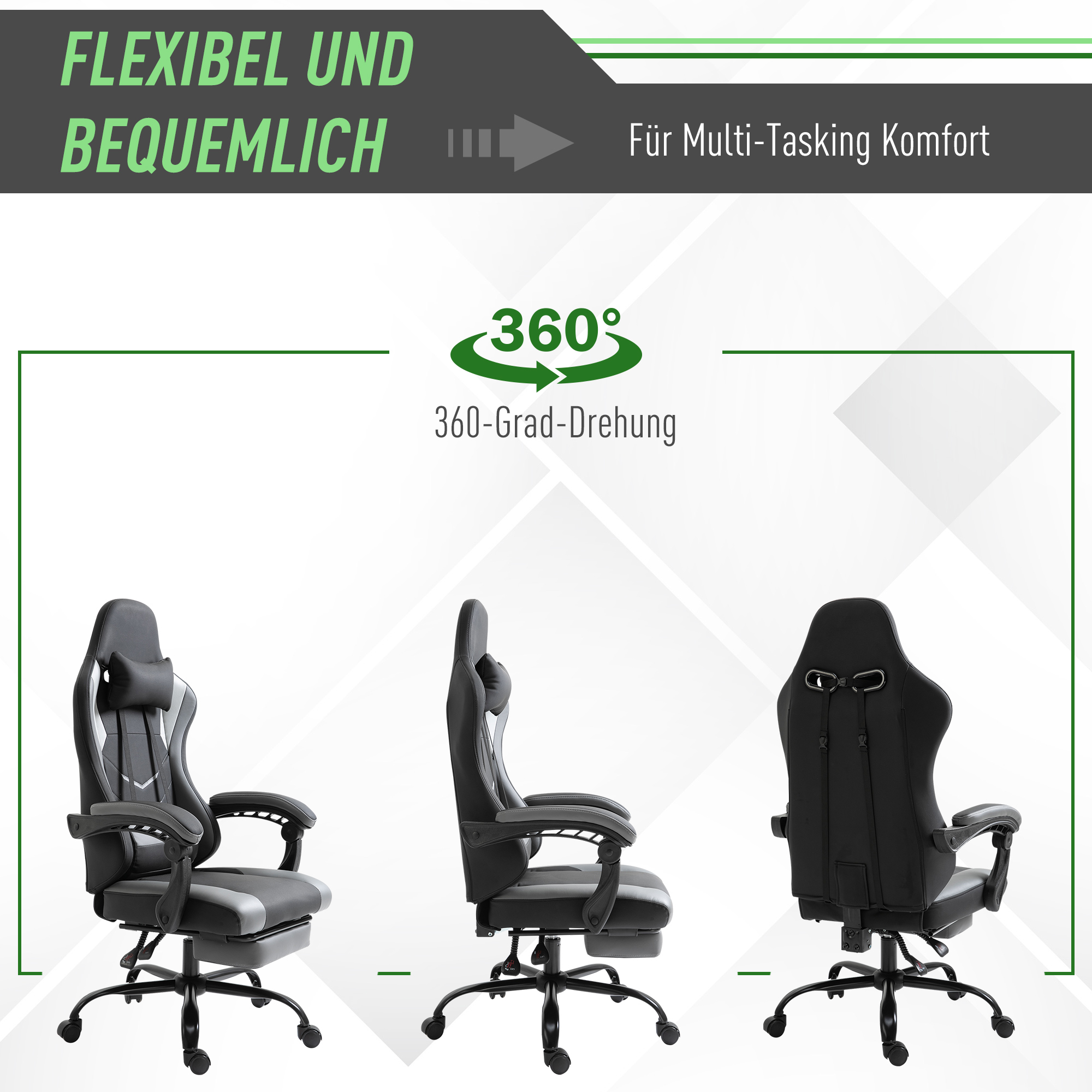 ergonomischer Gaming Stuhl Bürostuhl Schreibtischstuhl, Drehstuhl Höhenverstellbar, Verstellbares Lendenkissen mit Fußstützen Schwarz 62x52x128 cm