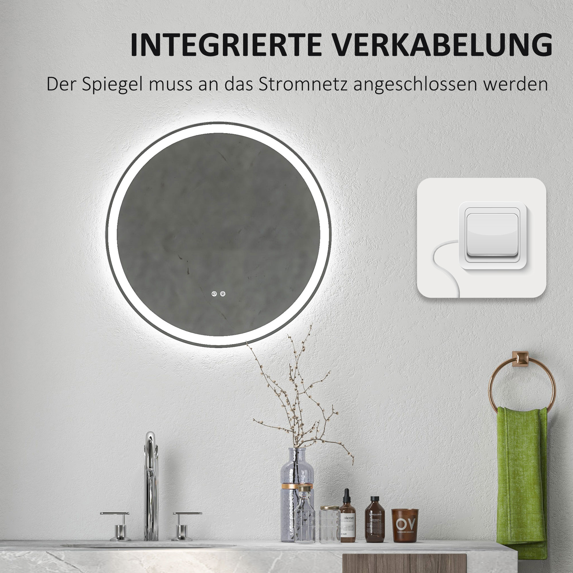 Badezimmerspiegel Badspiegel runder Spiegel, LED- Licht, Touch-Funktion, kein Beschlagen, 60 x 60 cm