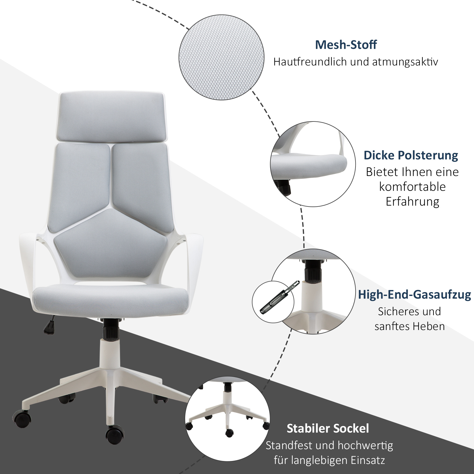 Ergonomischer Bürostuhl, Netz-Gewebe, höhenverstellbar, drehbar, rollbarer Schreibtischstuhl, Grau+Weiß