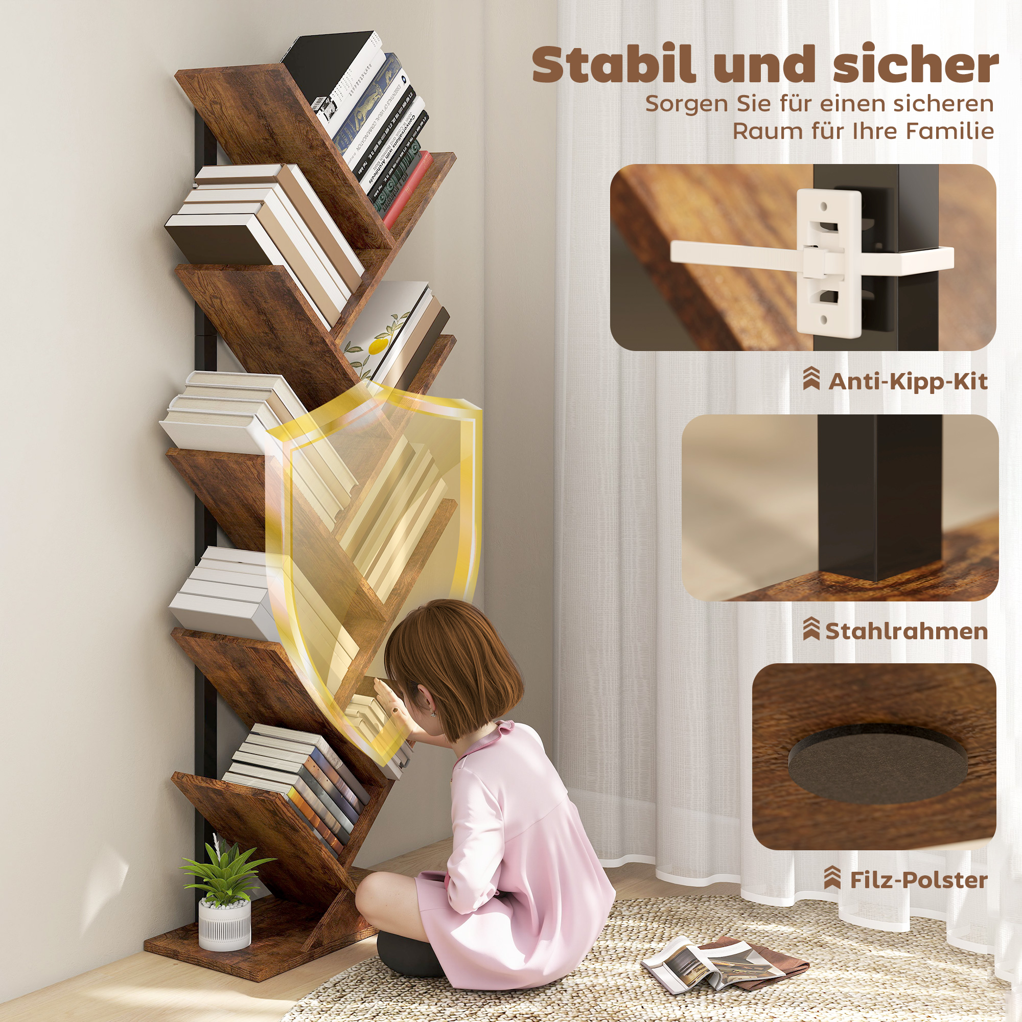 Bücherregal Standregal mit 9 Ebenen Schmal Regal im Baumform für Büro, Rustikal Braun