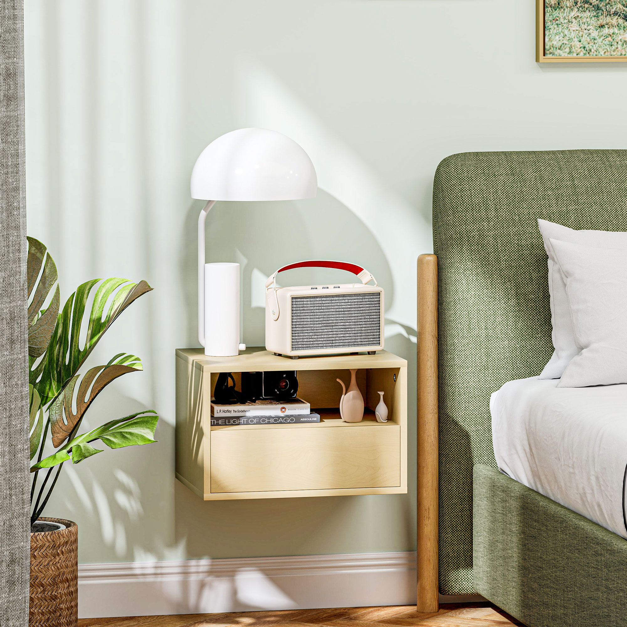 2-teiliges Wandnachttisch-Set, Nachttisch, Nachtkommode, Spanplatte, Natur, 45 x 35 x 27,5 cm