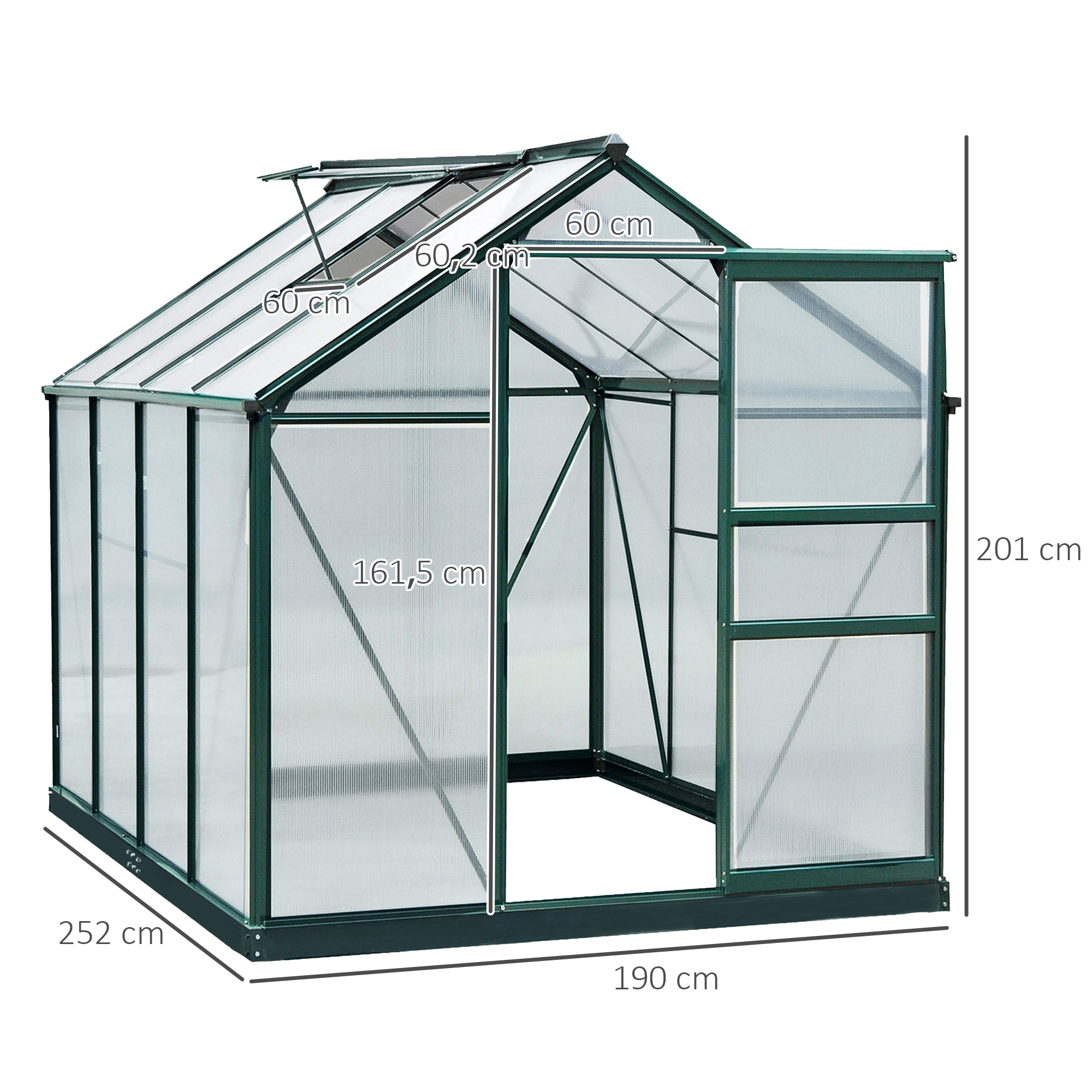 Gewächshaus, Treibhaus, mit Dachfenster, Schiebetür, transparent, Polycarbonat+Aluminium, 190 x 252 x 201cm