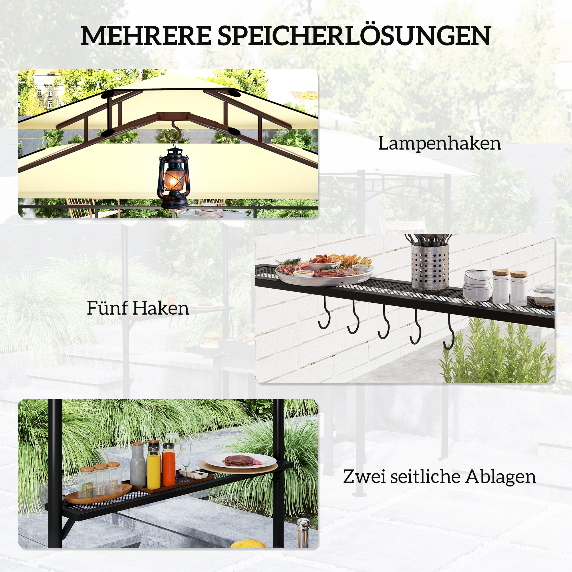 Grillpavillon 242x232x248 cm wasserabweisend flammhemmend Gartenpavillon mit Doppelschichtdach Beige
