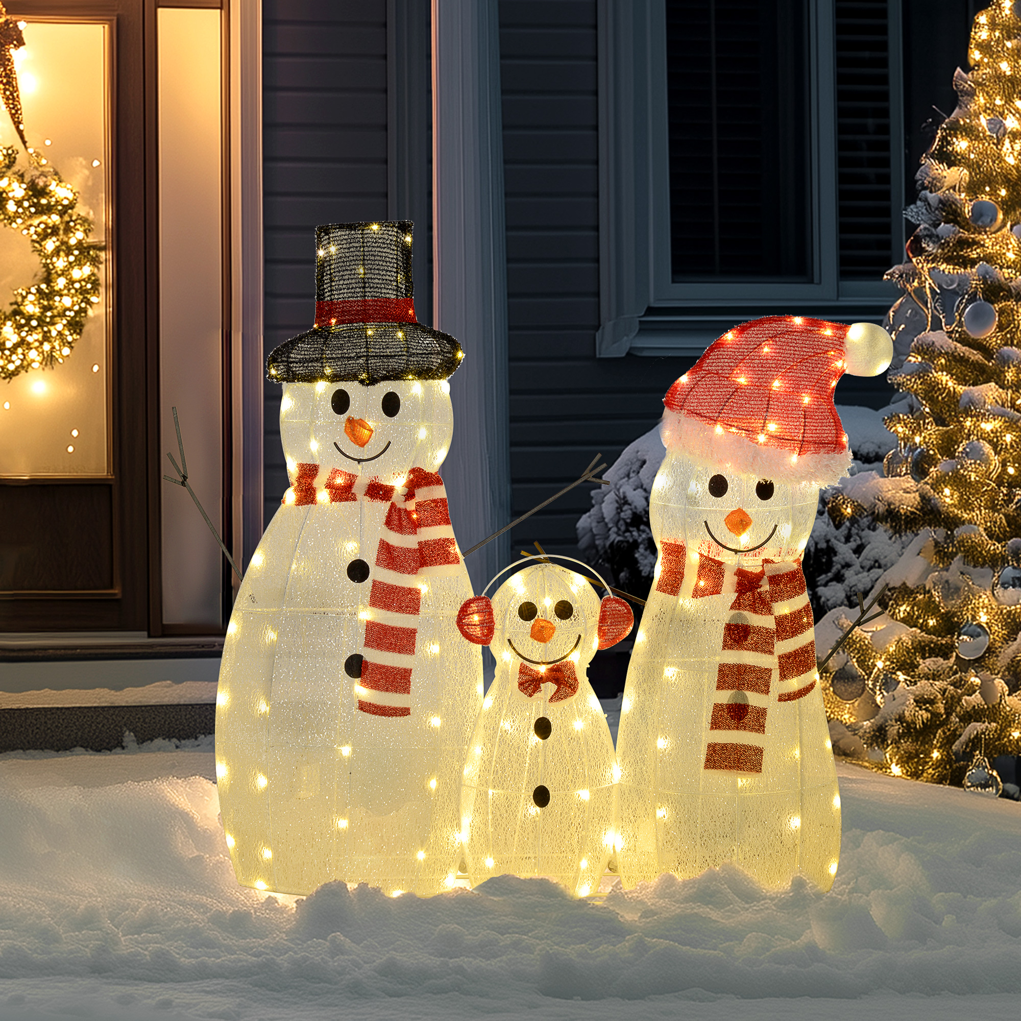 Schneemannfamilie, 148 LEDs, Weihnachtsbeleuchtung, wetterfest, glänzend, Weiß