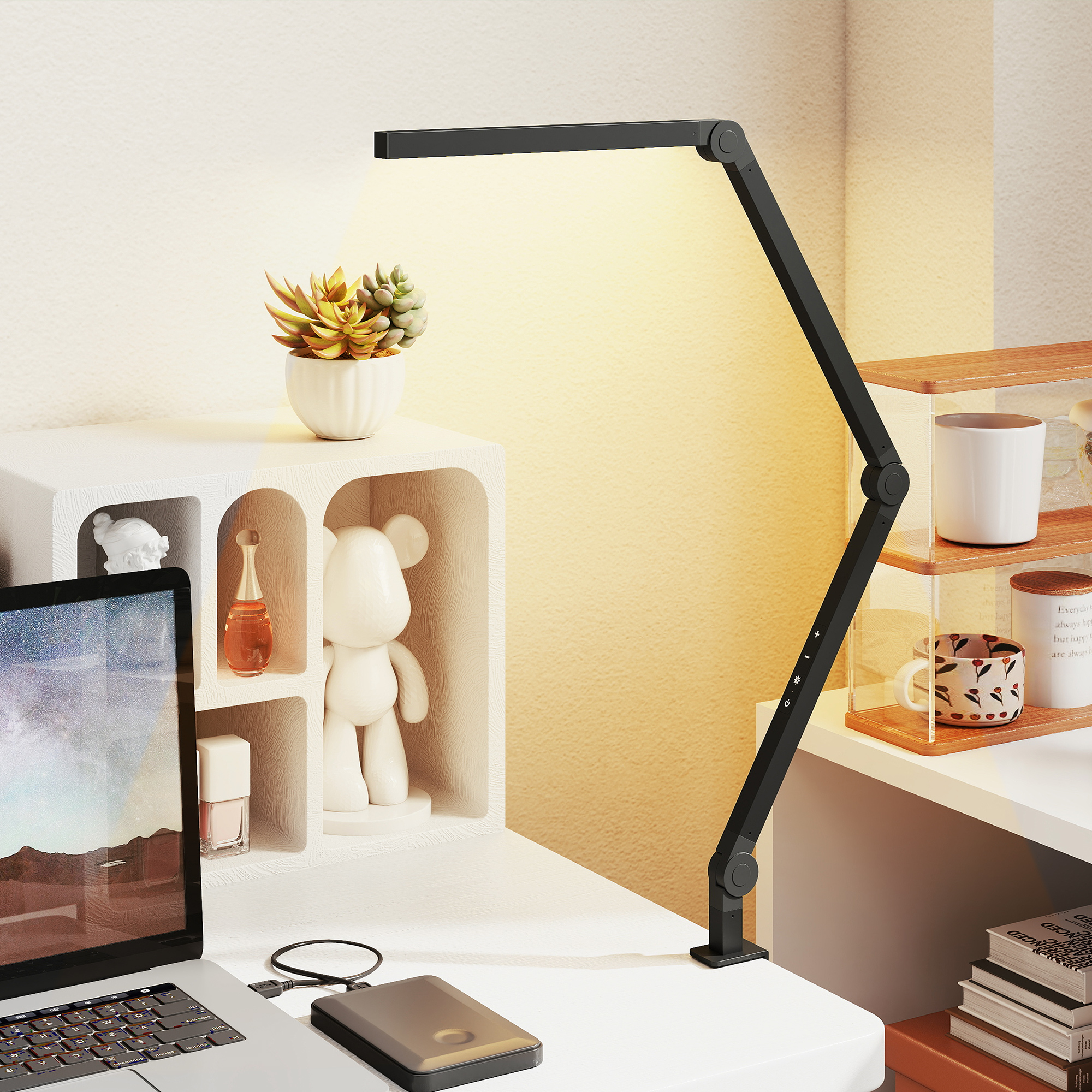 Schreibtischlampe, anpassbare Helligkeit und Farbe, Metallklemme, 96 LEDs, Schwarz