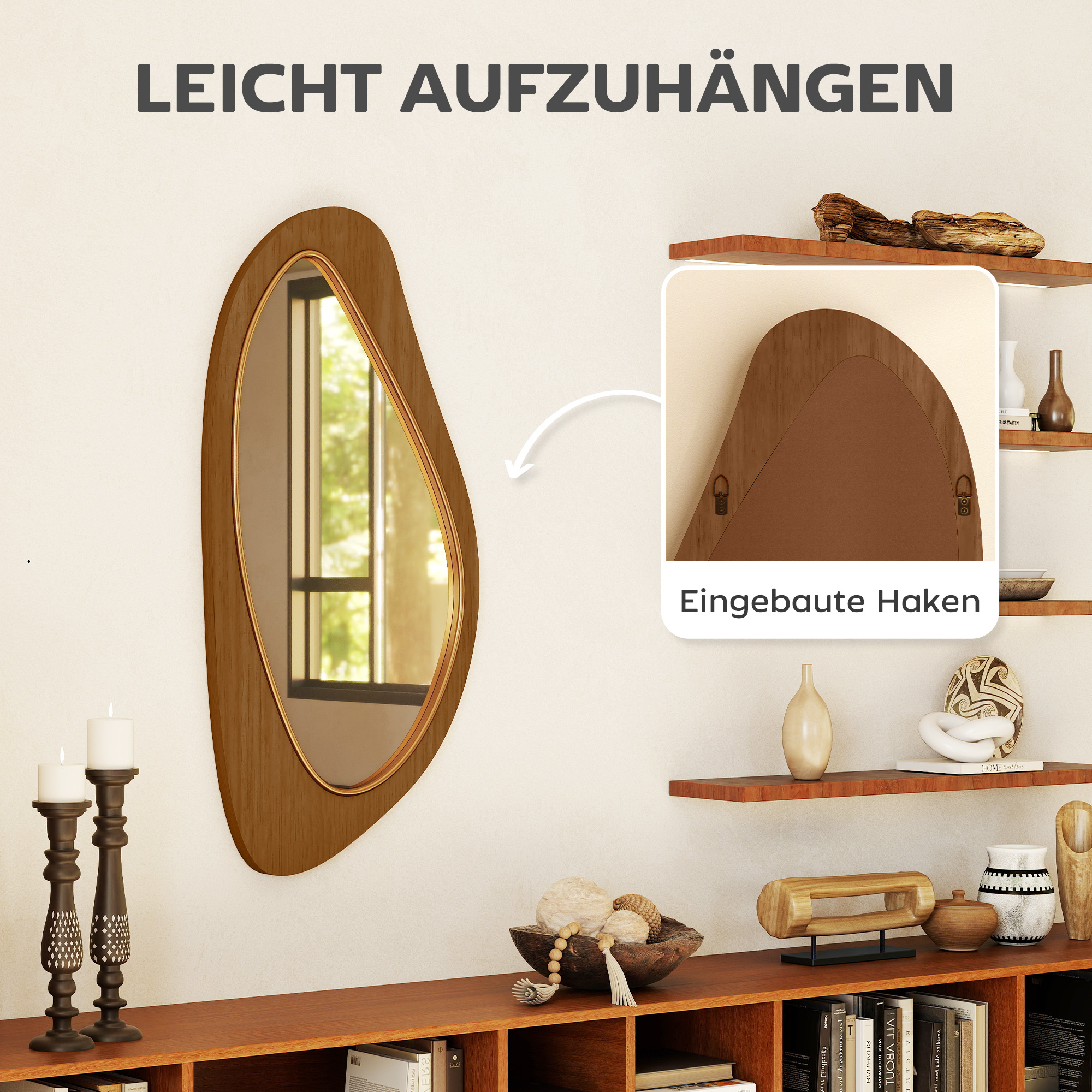 Wandspiegel Fenster Spiegel mit Kieferfurnierrahmen für Schlafzimmer Wohnzimmmer, 91,5 x 45 x 3 cm, Naturholz