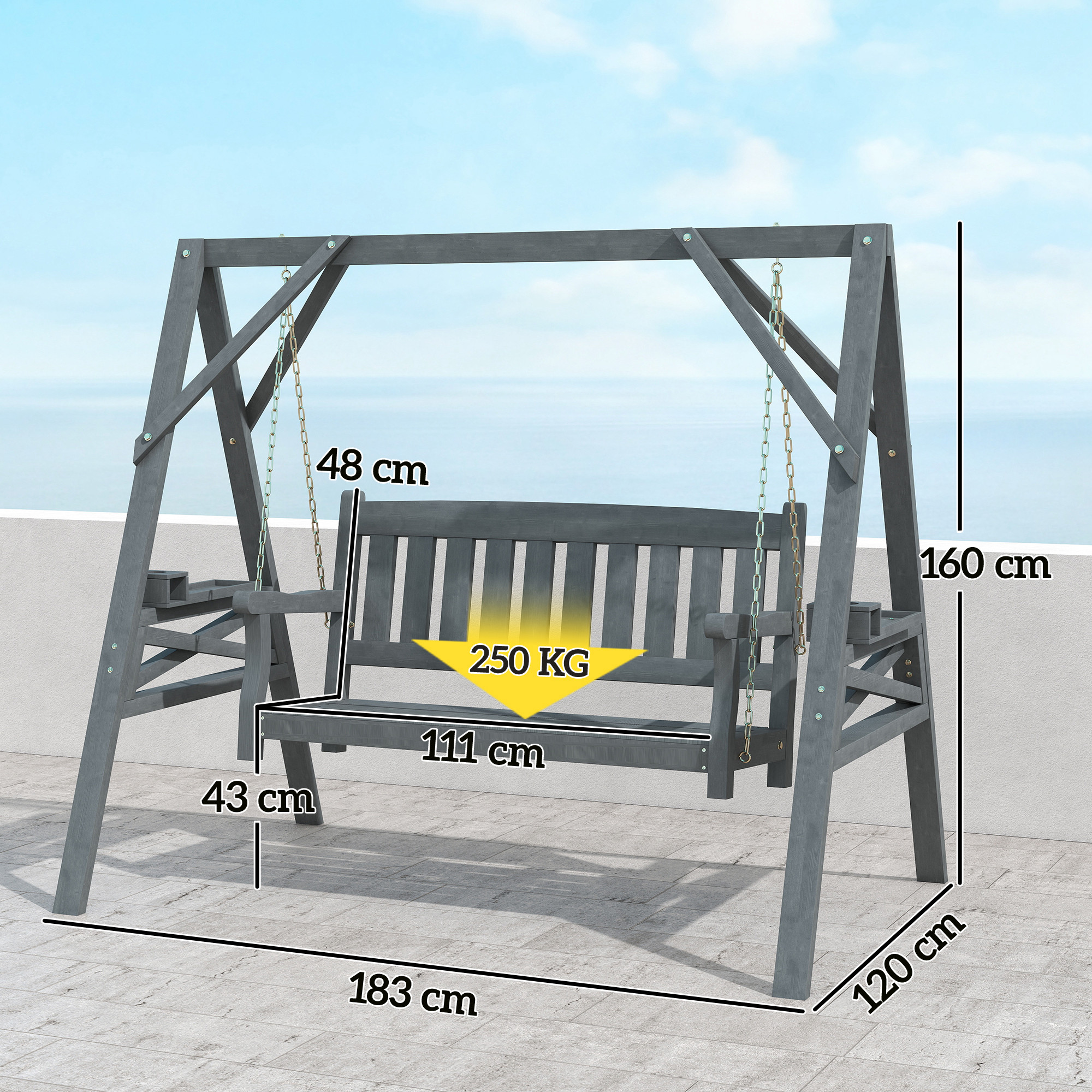 2-Sitzer Gartenschaukel, Holzschaukelbank mit Ablagen, Getränkehalter und Metallketten, Grau
