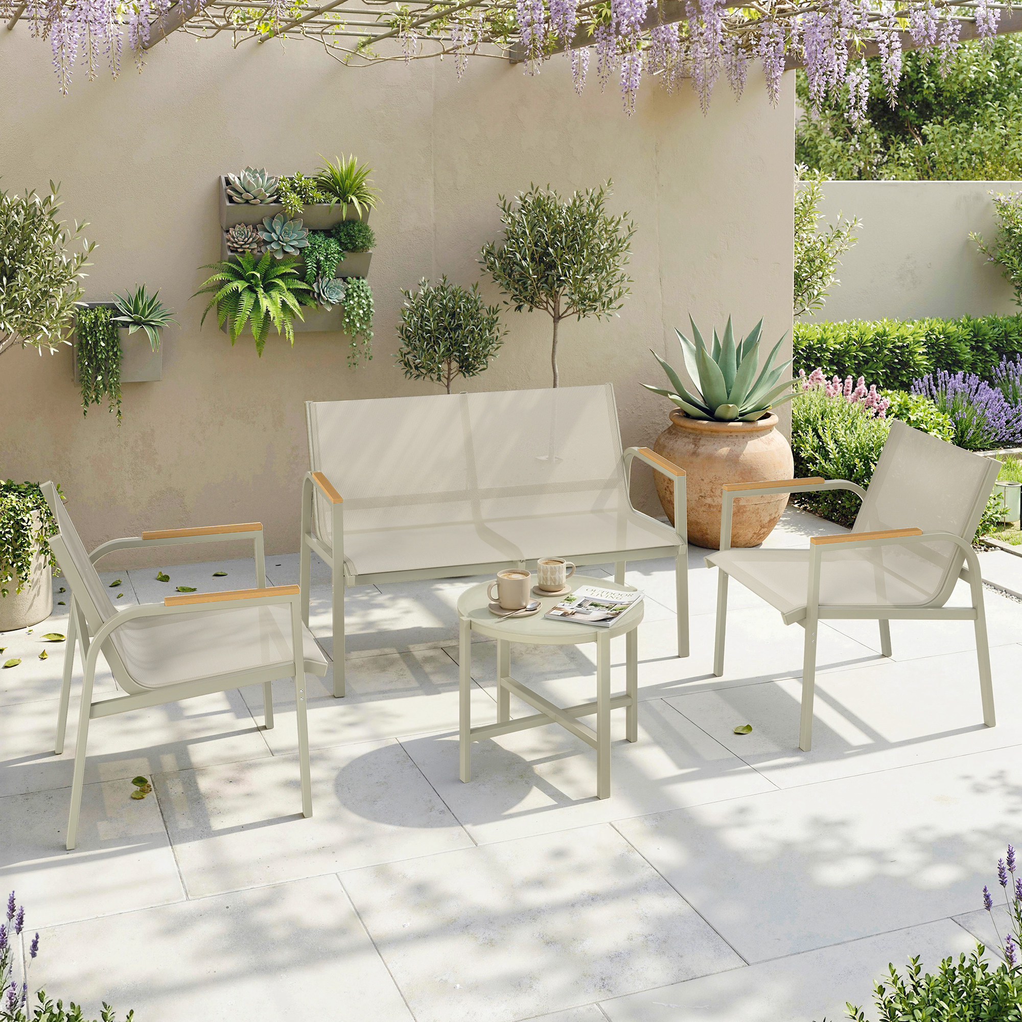 Gartenmöbel Set wetterfest Metall Sitzgruppe für 4 Personen Gartenlounge mit 2er-Sofa 2 Sesseln Beistelltisch Grün