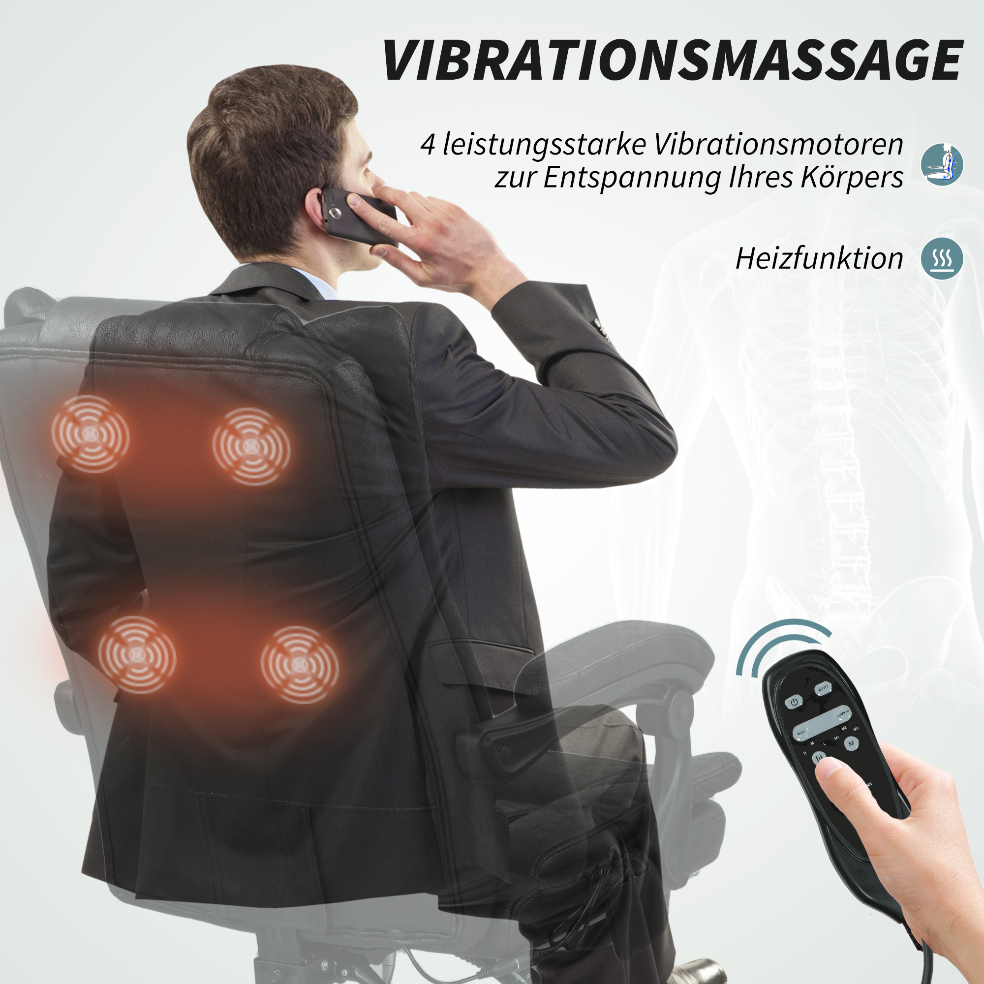 Massagstuhl Bürostuhl mit Massagefunktion, inkl. Fußstütze, höhenverstellbar, 64 cm x 70 cm x 118 cm, Schwarz