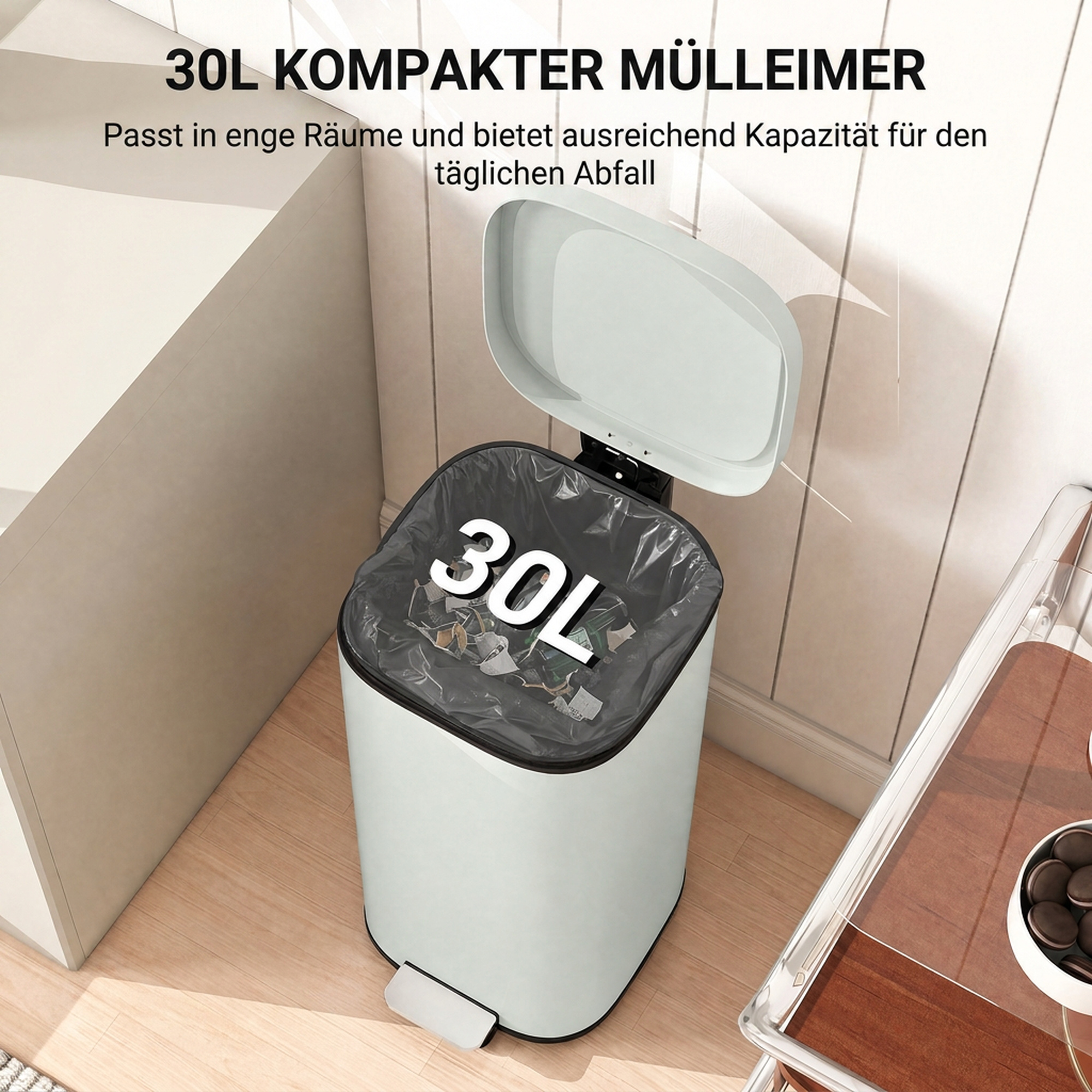 30L Küchenmülleimer Pedaleimer mit Deckel, Soft-Close- und Offenhalte-Funktion für Küche, Zuhause
