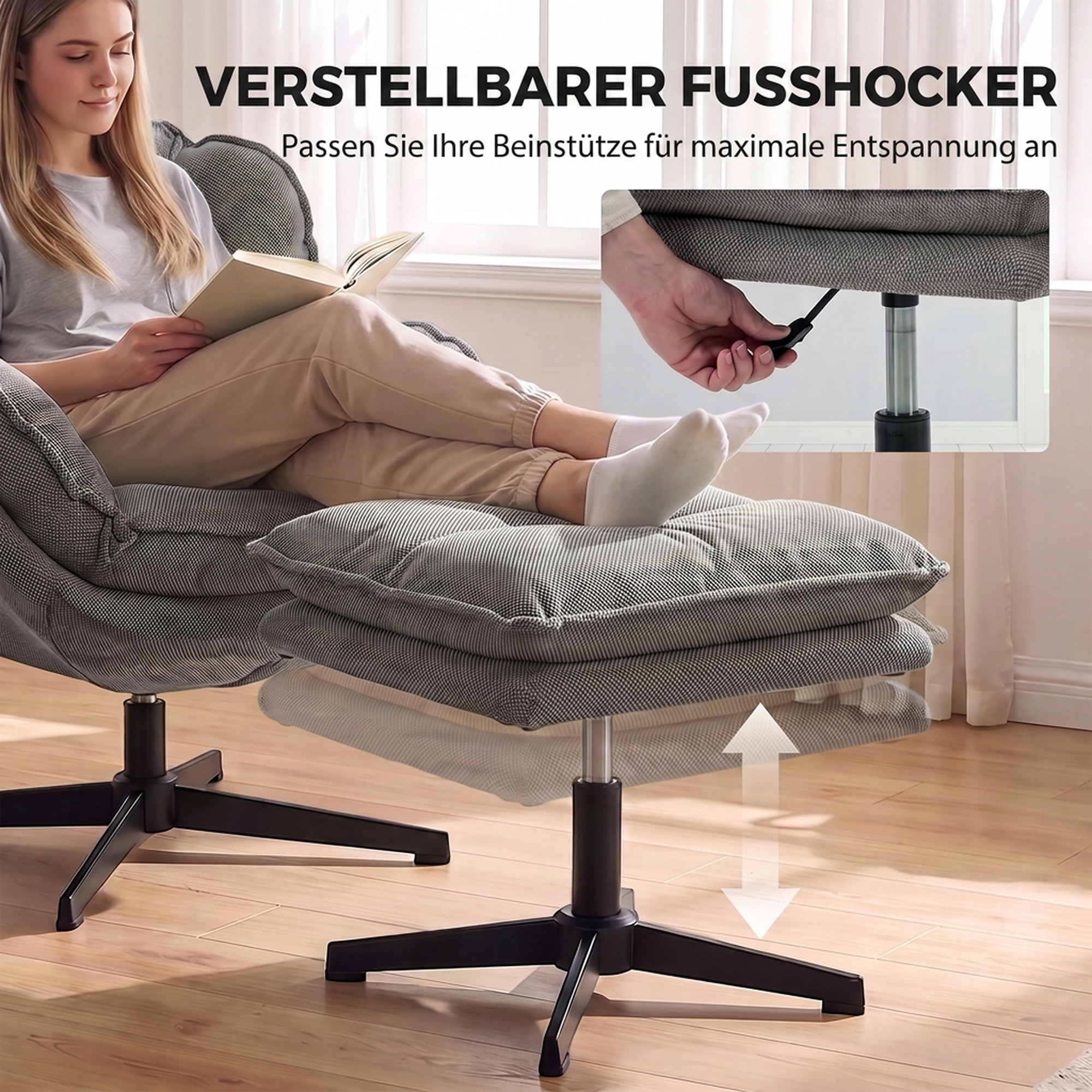 Sessel mit verstellbarem Fußhocker, 360° drehbar, Chenille-Bezug, dicke Polsterung, Grau