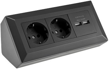 2-fach Steckdosenblock + 2x USB, schwarz / 250V~/ 16A, Aufbaumontage, USB 3,1A