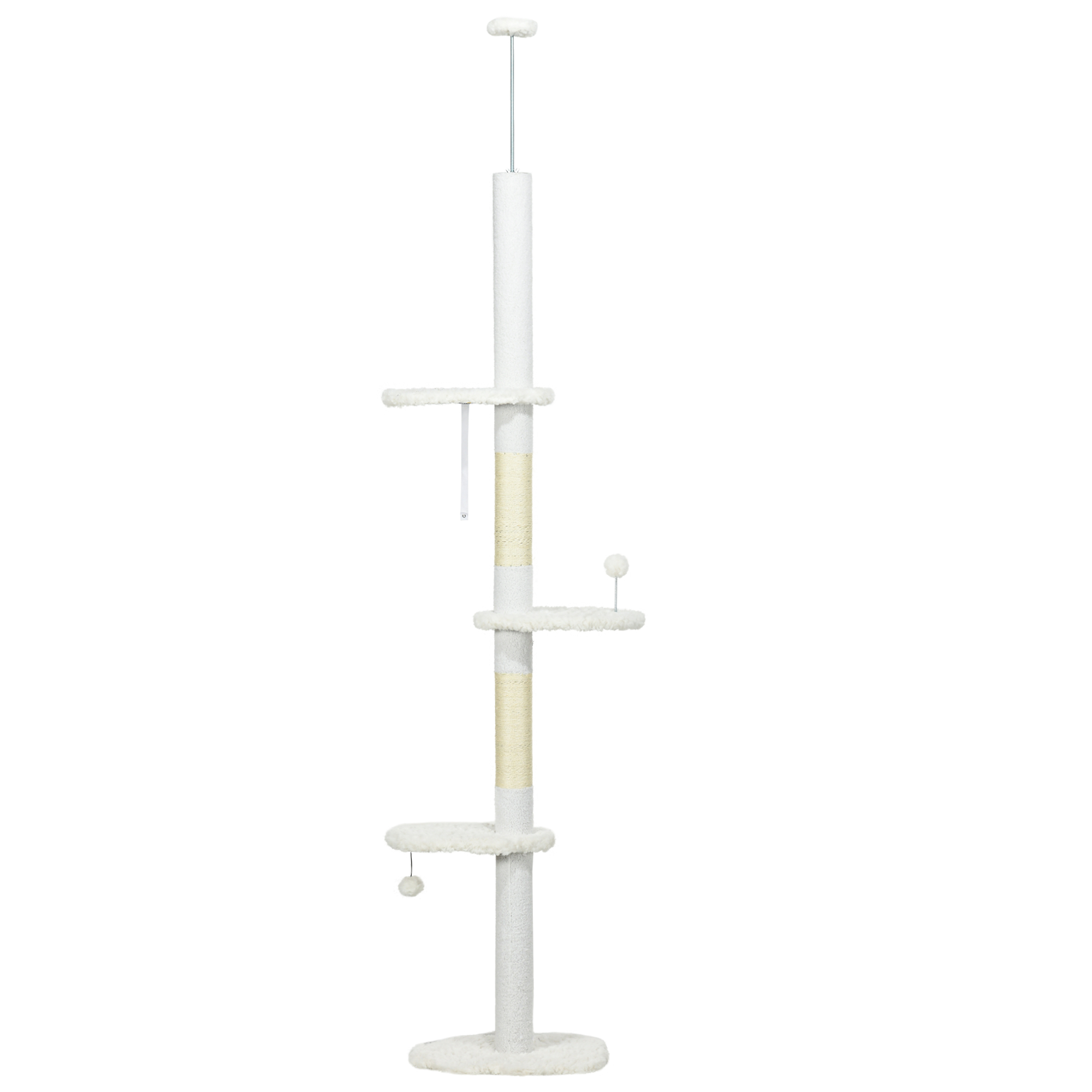Deckenhoher Kratzbaum, variable Höhe 2,25-2,55 m, Sitzplattformen, Kippschutz, Spielbälle, weiß