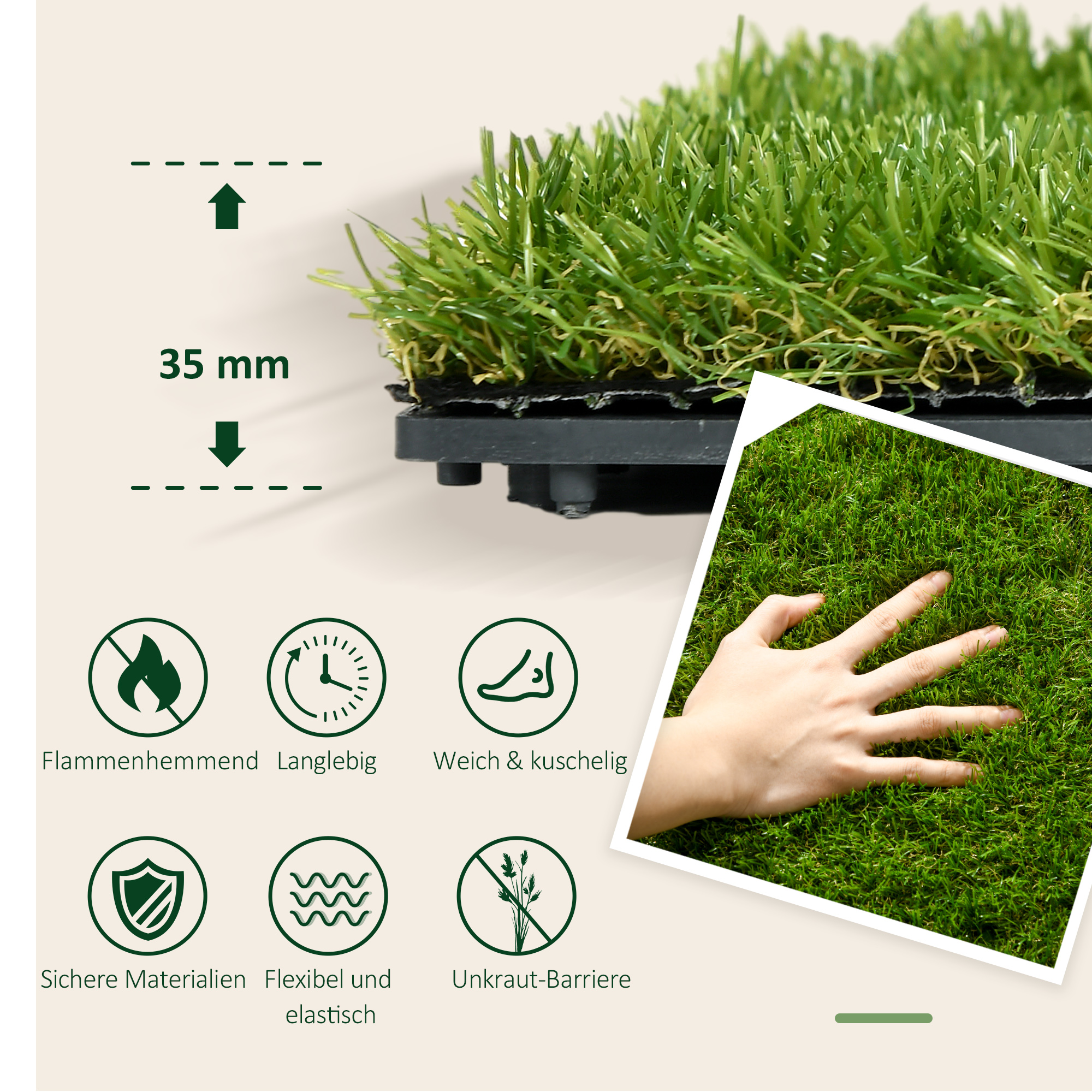 Kunstrasen, naturgetreu, Drainagefunktion, 6,5 K Fasern/m², 25mm Höhe, 10-er Set je 30x30cm, Grün