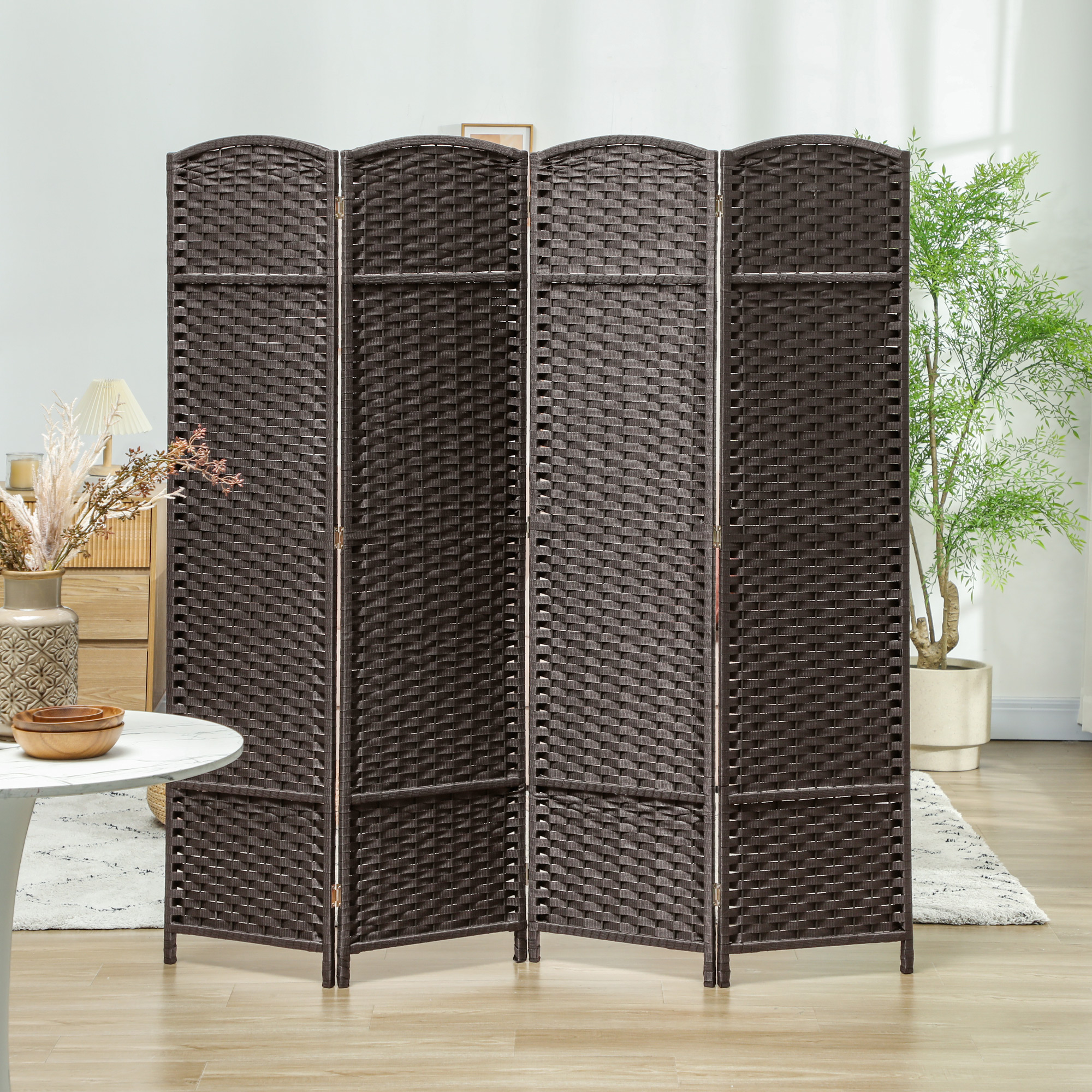 4-teiliger Raumtrenner, Faltbarer Sichtschutz, Sichtschutzwand für Wohnzimmer, Schlafzimmer, Homeoffice, Braun