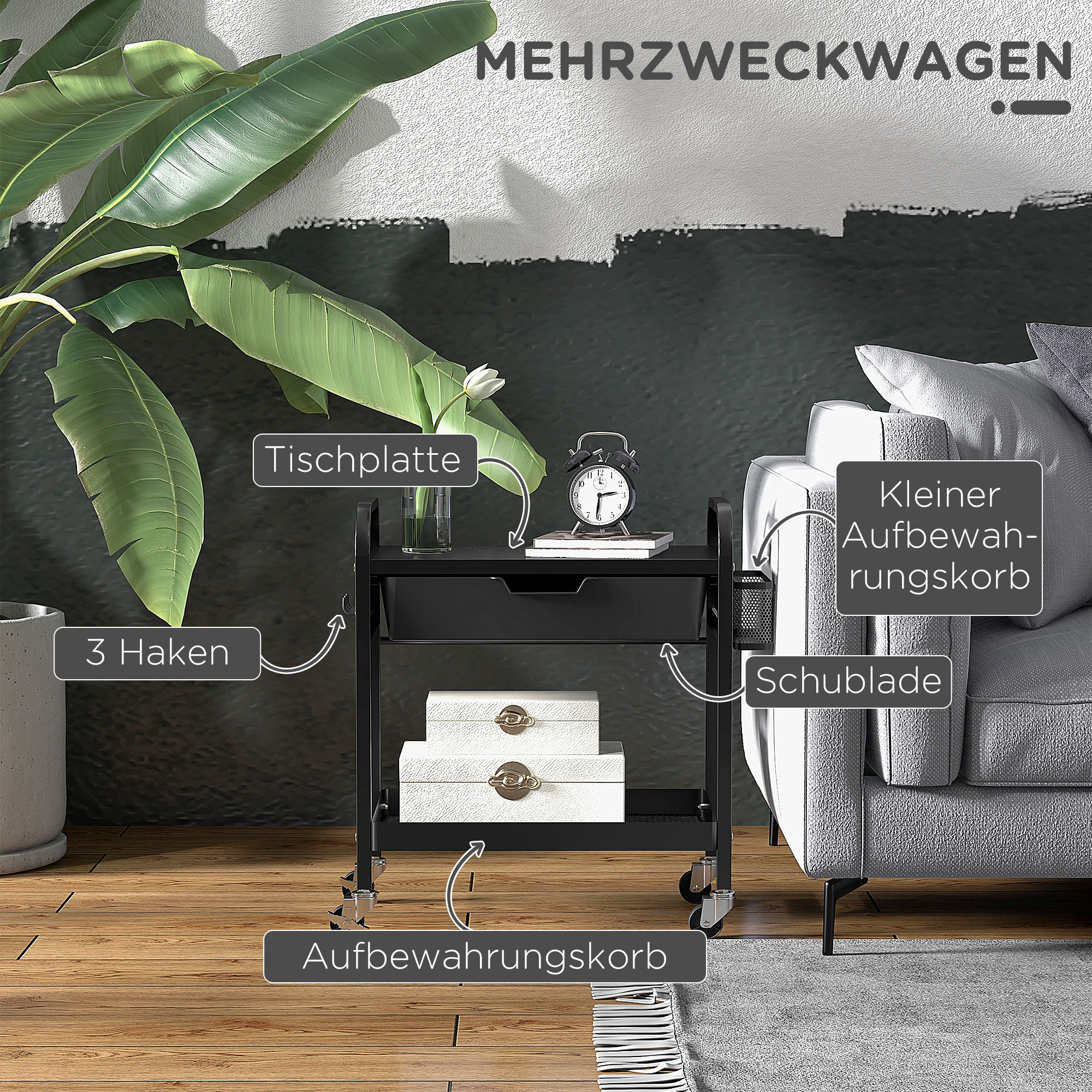 Mehrzweckwagen mit 1 Schublade, 1 Ablage, 4 Rollen, Küchenwagen, Schwarz