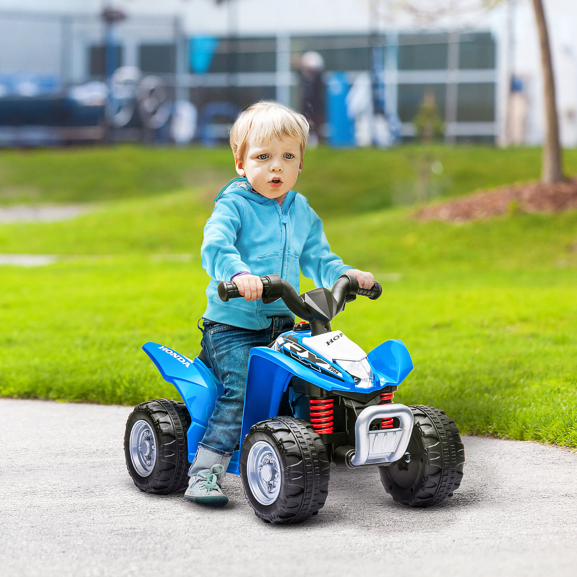 Elektro-Kinderquad, LED-Licht, Hupe, breite Reifen, bequemer Sitz, rutschfeste Griffe, Blau