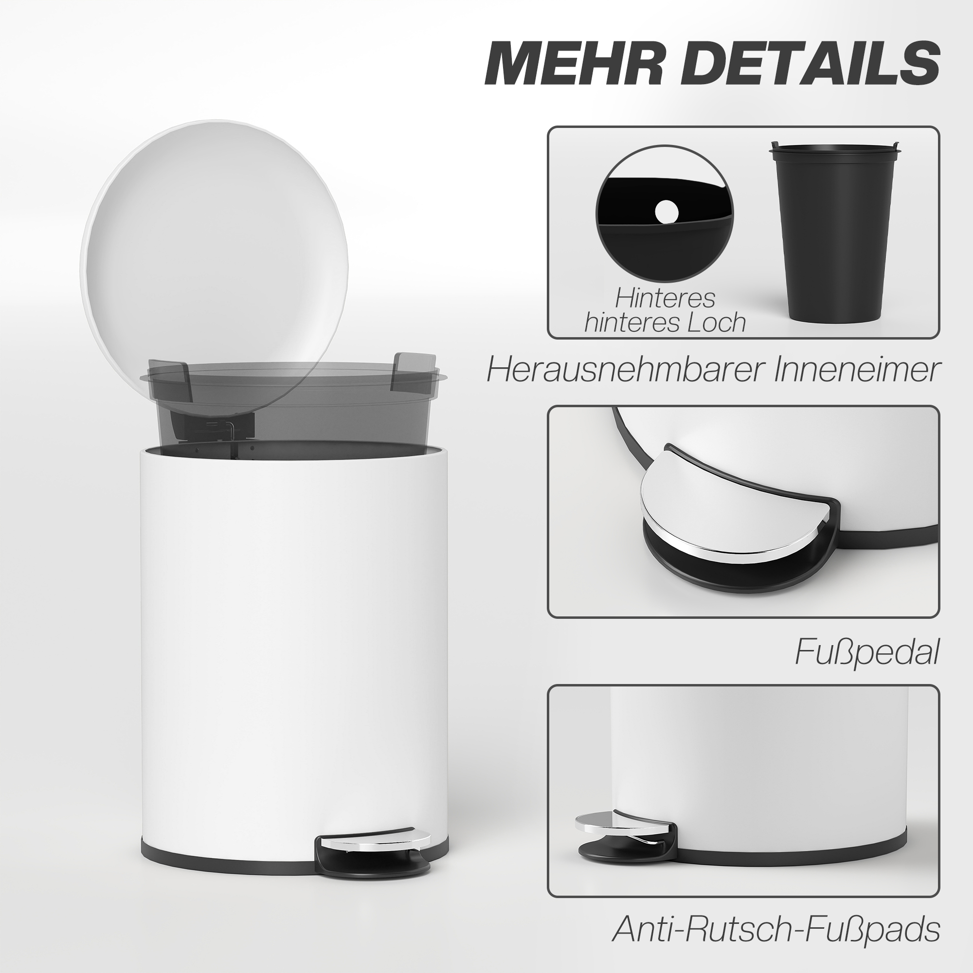 Mülleimer 20L, mit Pedal, Inneneimer, fingerabdrucksicher, leises Schließen, Cremeweiß