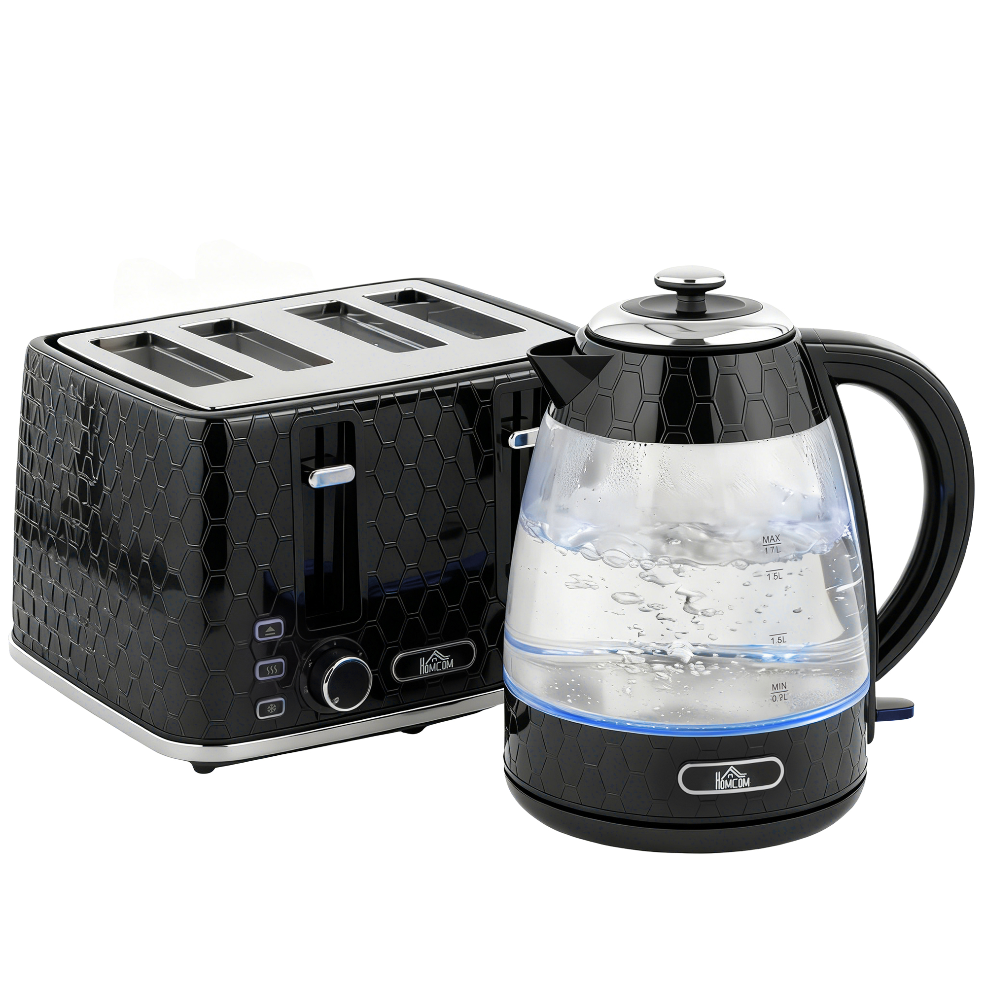 1,7L 2200W Schnellkoch-Wasserkocher und 4-Scheiben-Toaster-Set mit Kalkfilter, Schwarz