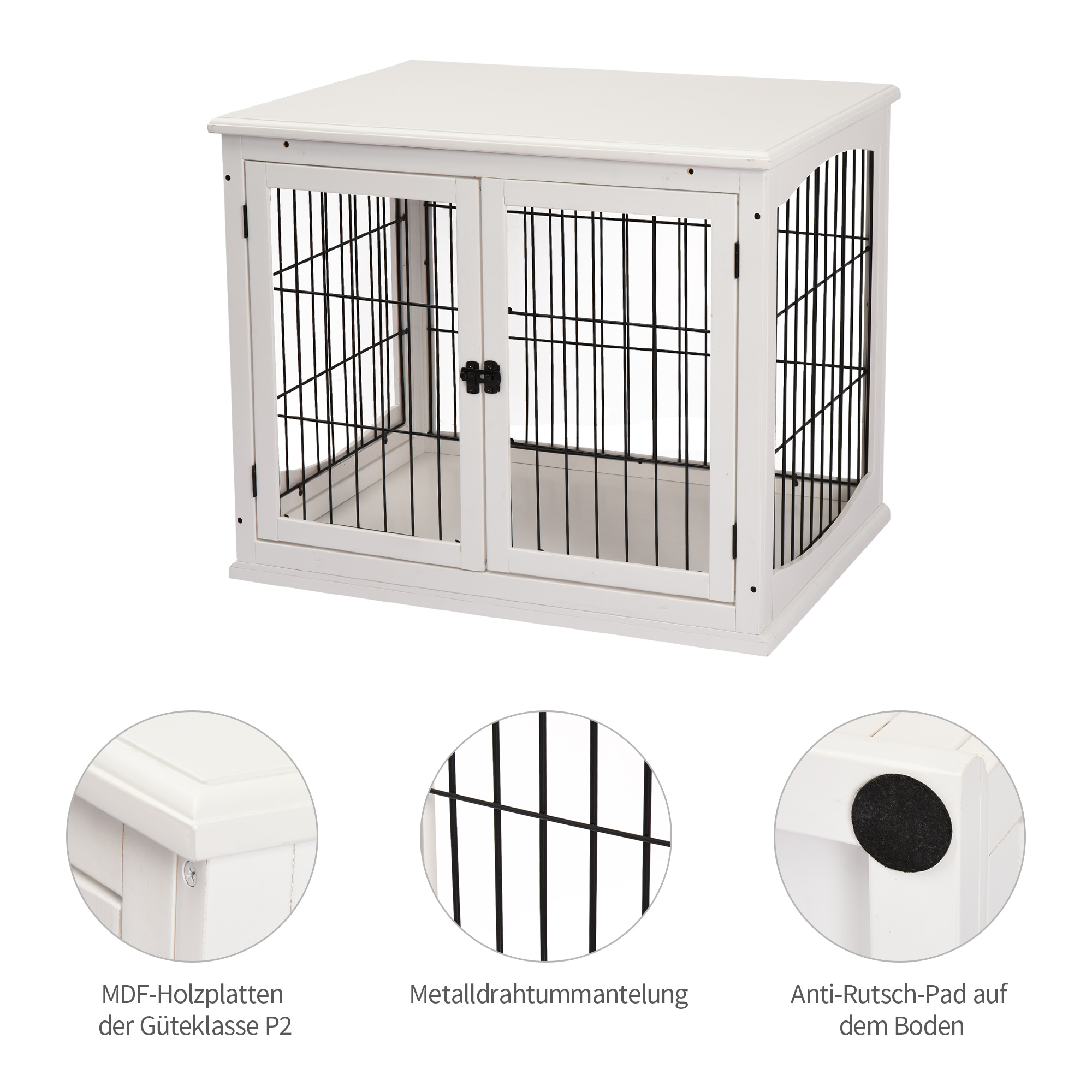 Transportbox für Hunde 58,5 cm x 81 cm x 66 cm Türen, MDF-Holz Eisen, 58, 5 cm x 81 cm x 66 cm, Weiß