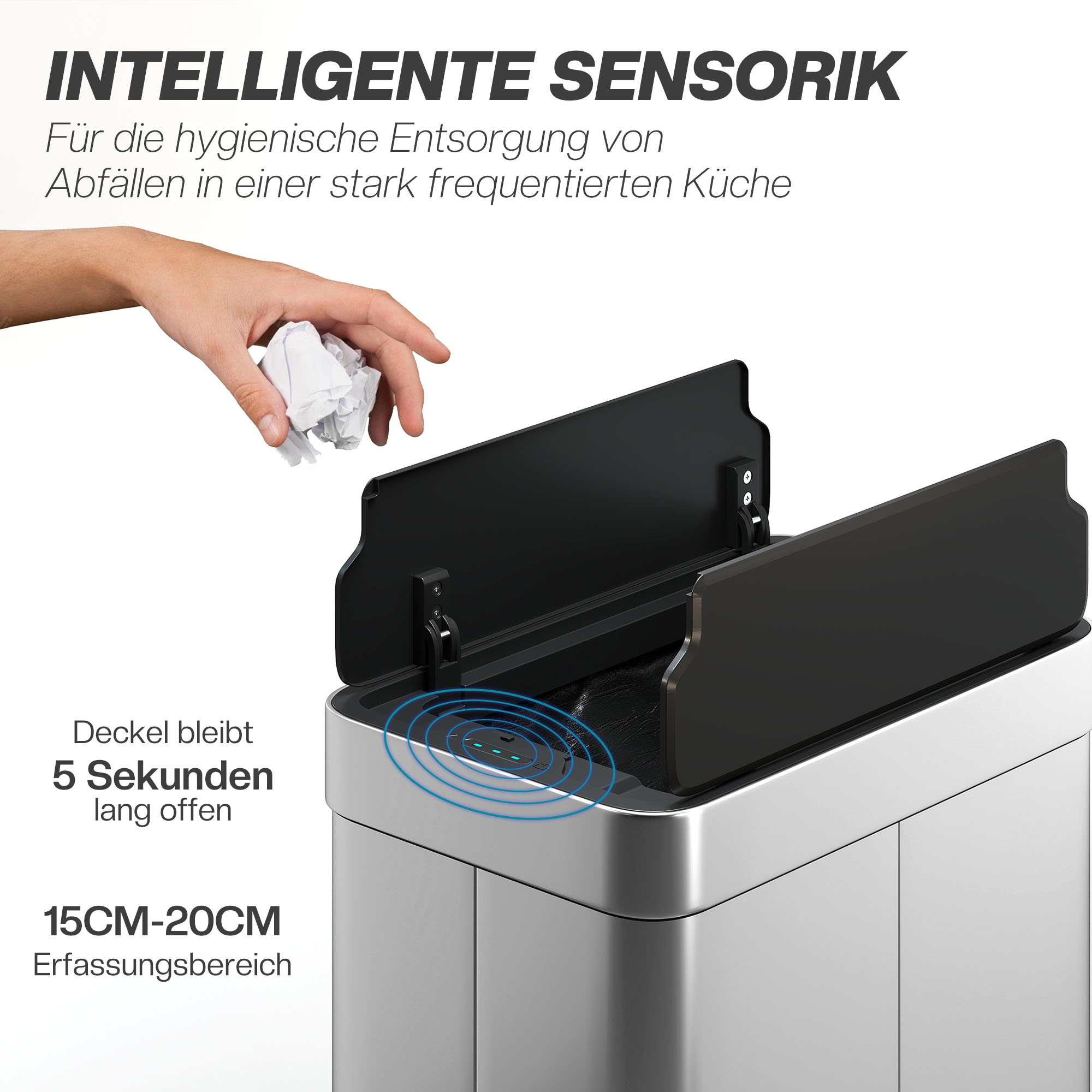 Sensor-Mülleimer, 55 L Kapazität, Schmetterlingsdeckel, öffnet automatisch, Edelstahl, Silberfarben