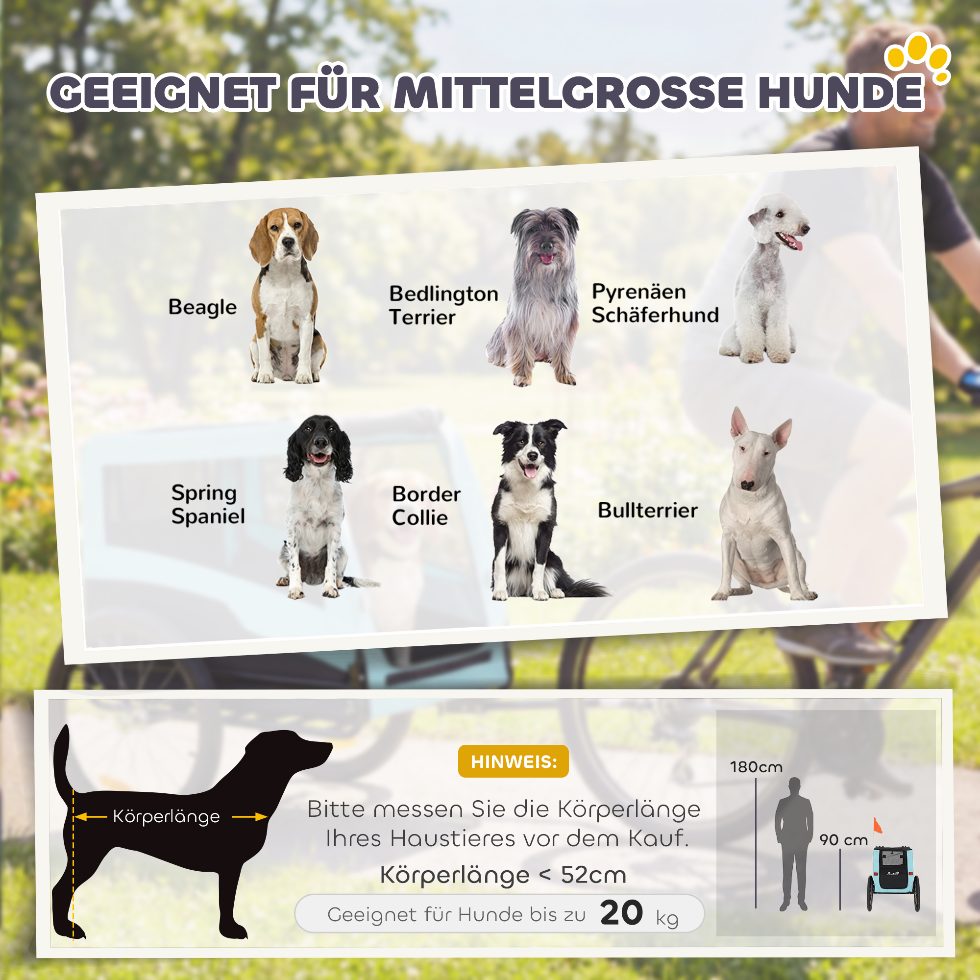 Faltbarer Fahrradanhänger mit Sicherheitsreflektoren, Leine, für Mittelgroße Hunde bis 20 kg 143 x 70 x 90 cm Hellblau