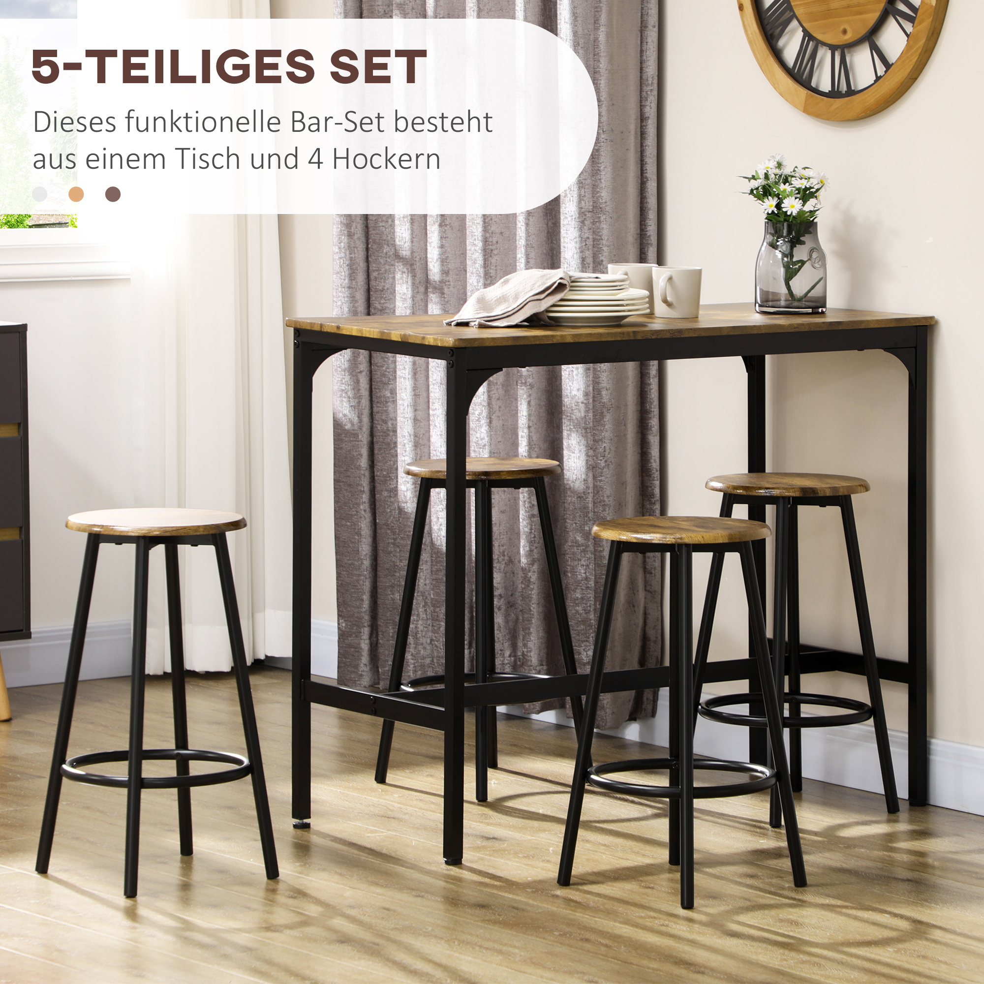 5-tlg. Bartisch-Set im Industriedesign, 1 Bartisch, 4 Barhocker, Sitzgruppe, Küchentresen, Schwarz + Braun