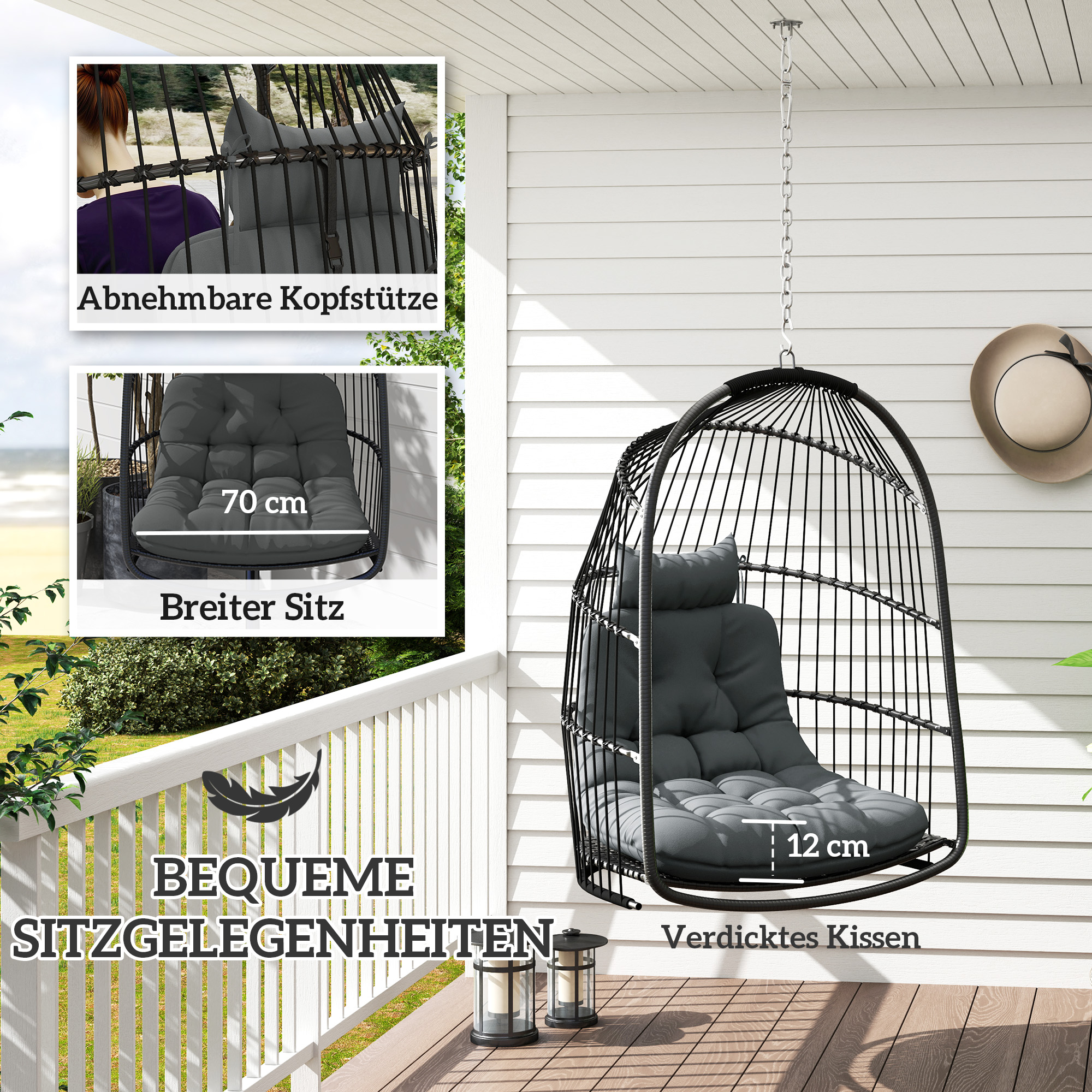 Hängesessel Hängekorb mit Kissen Polyrattan Schaukel Outdoor Indoor faltbar belastbar bis 150kg Dunkelgrau