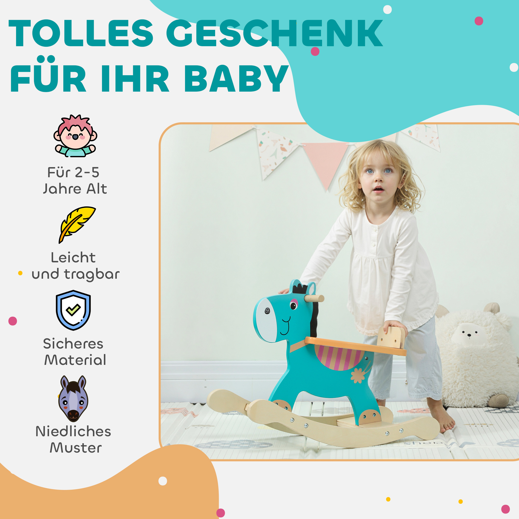 Schaukeltier Esel Baby Schaukelspielzeug mit Haltegriffen Schaukel Schaukelsitz 59 x 27 x 43 cm Blaugrün