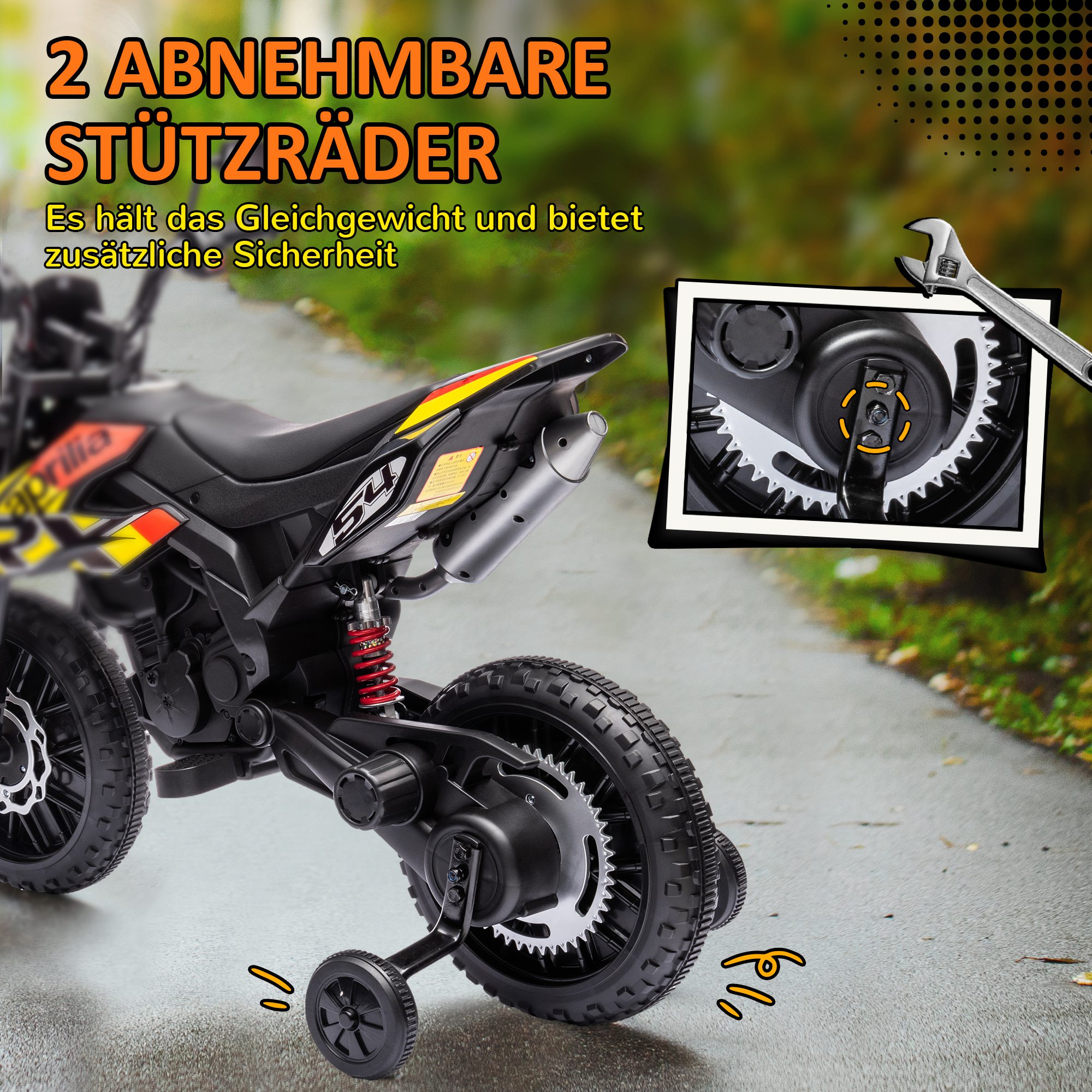 12V Kinder-Motorrad mit Stützrädern, LED-Lichtern, Musik, USB, Elektro-Motorrad für Jungen und Mädchen, Gelb