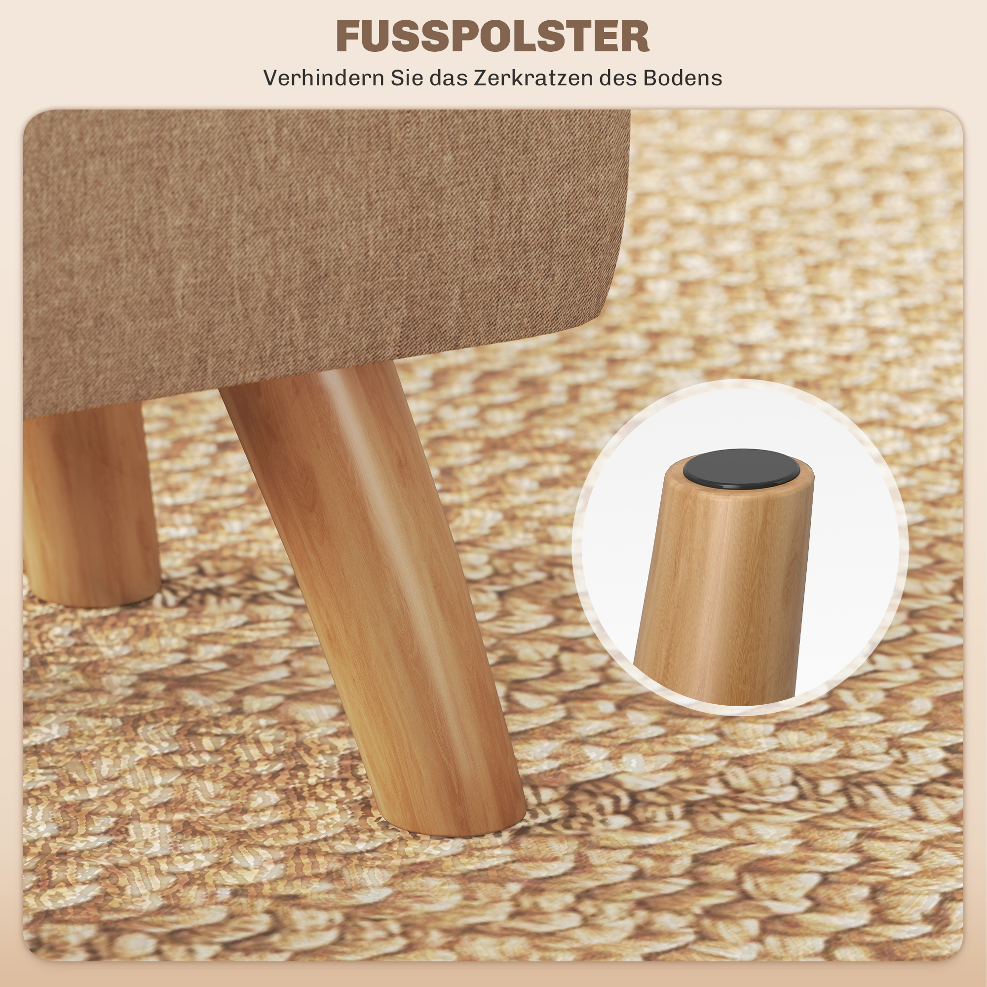 Fußhocker mit Polsterung, Leinenoptik, Holzbeine, bis 110 kg belastbar, Braun