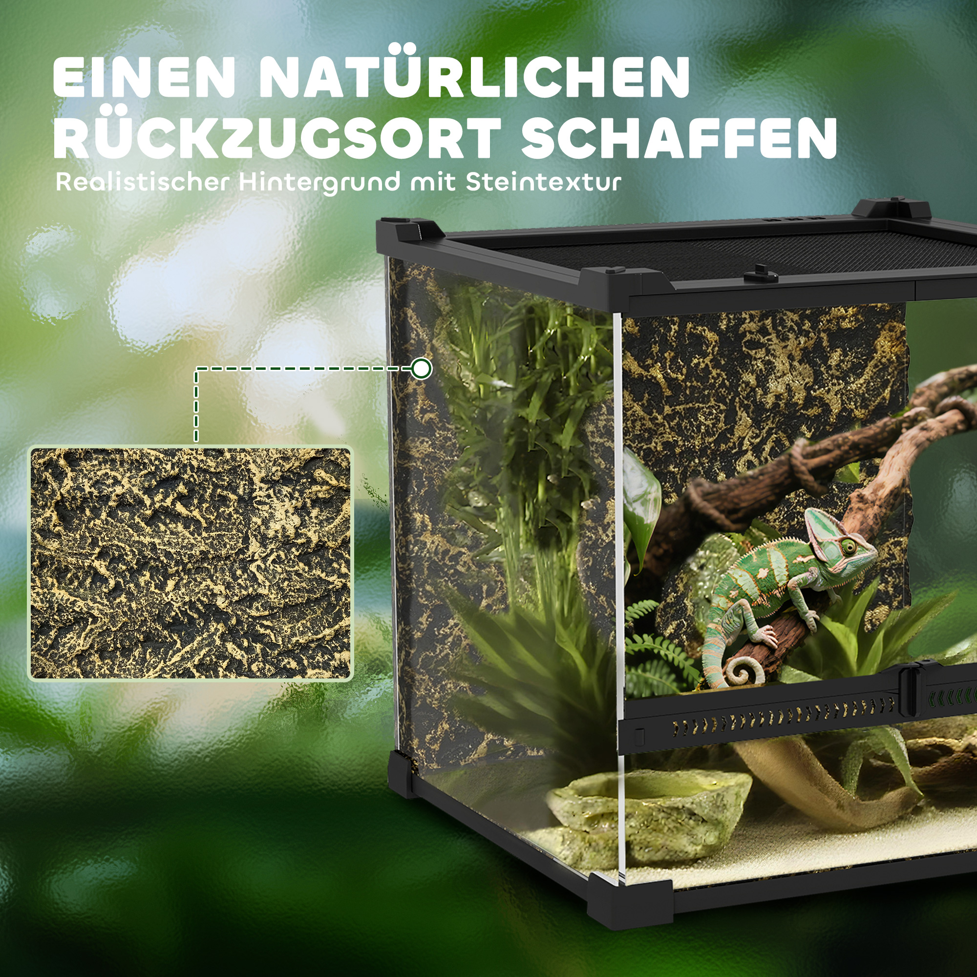Glas-Terrarium für Reptilien, erhöhter & wasserdichter Boden, Knopfschloss