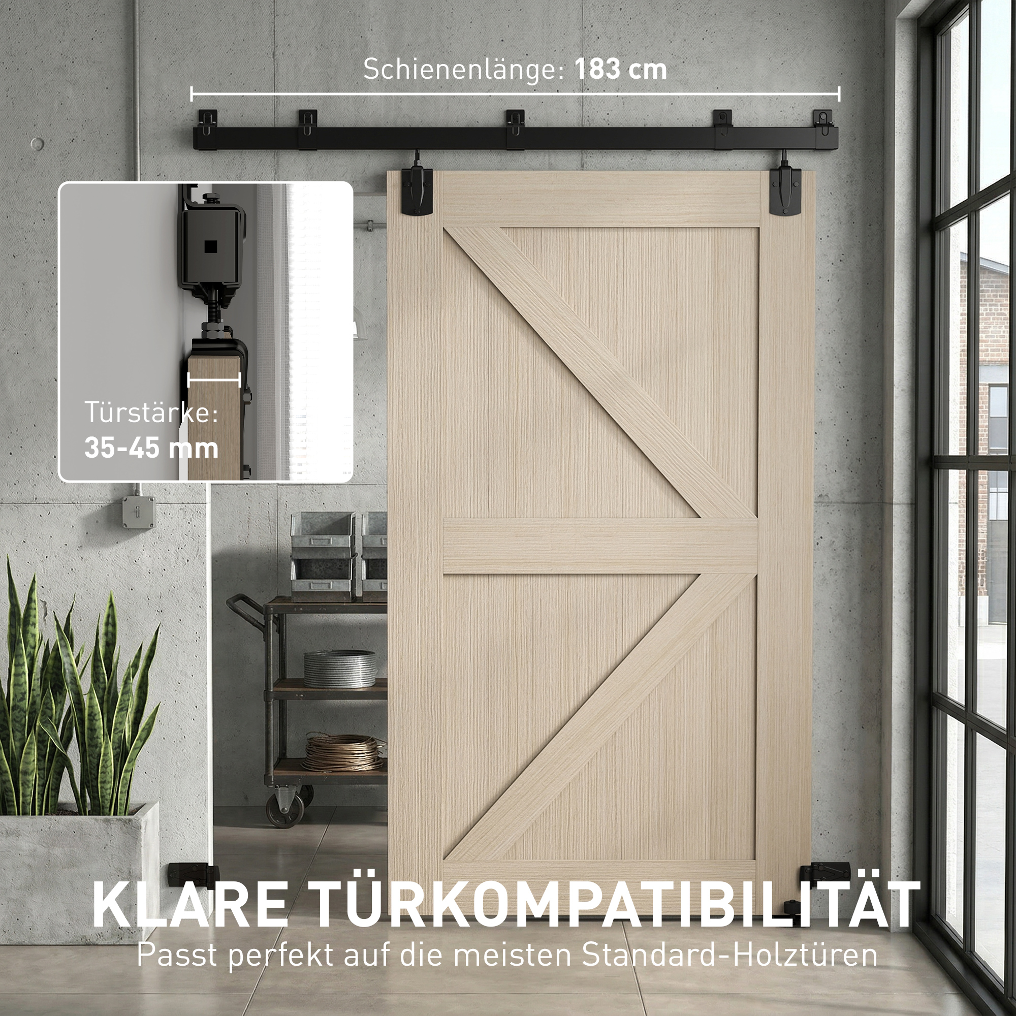 Schwerlast Schiebetür-Hardware-Set 183 cm Schwarz für Einzeltüren