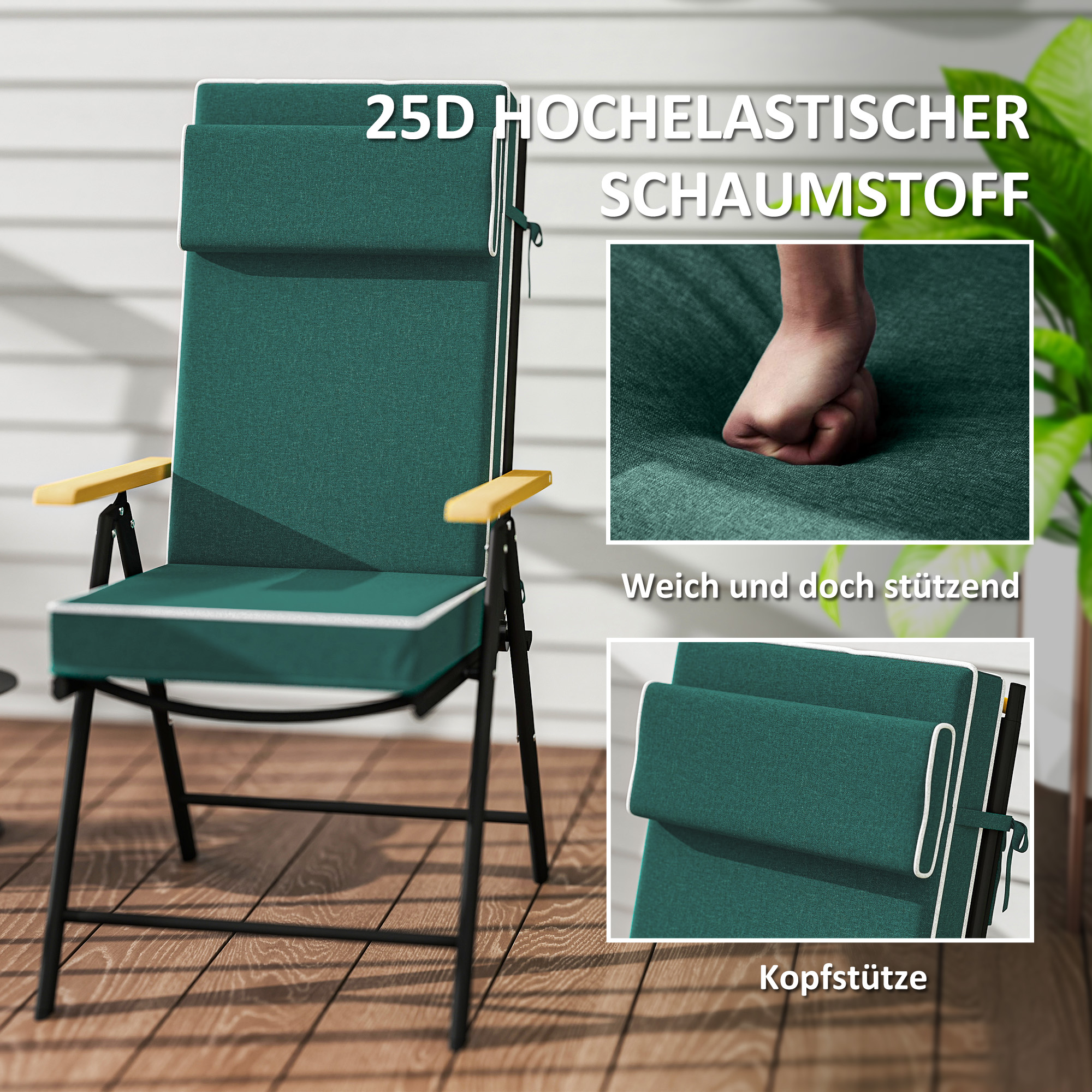 Sitzkissen 120 x 47 x 9,5 cm wasserabweisend Stuhlkissen mit Bändern, Kopfstütze, UPF50+ Grün