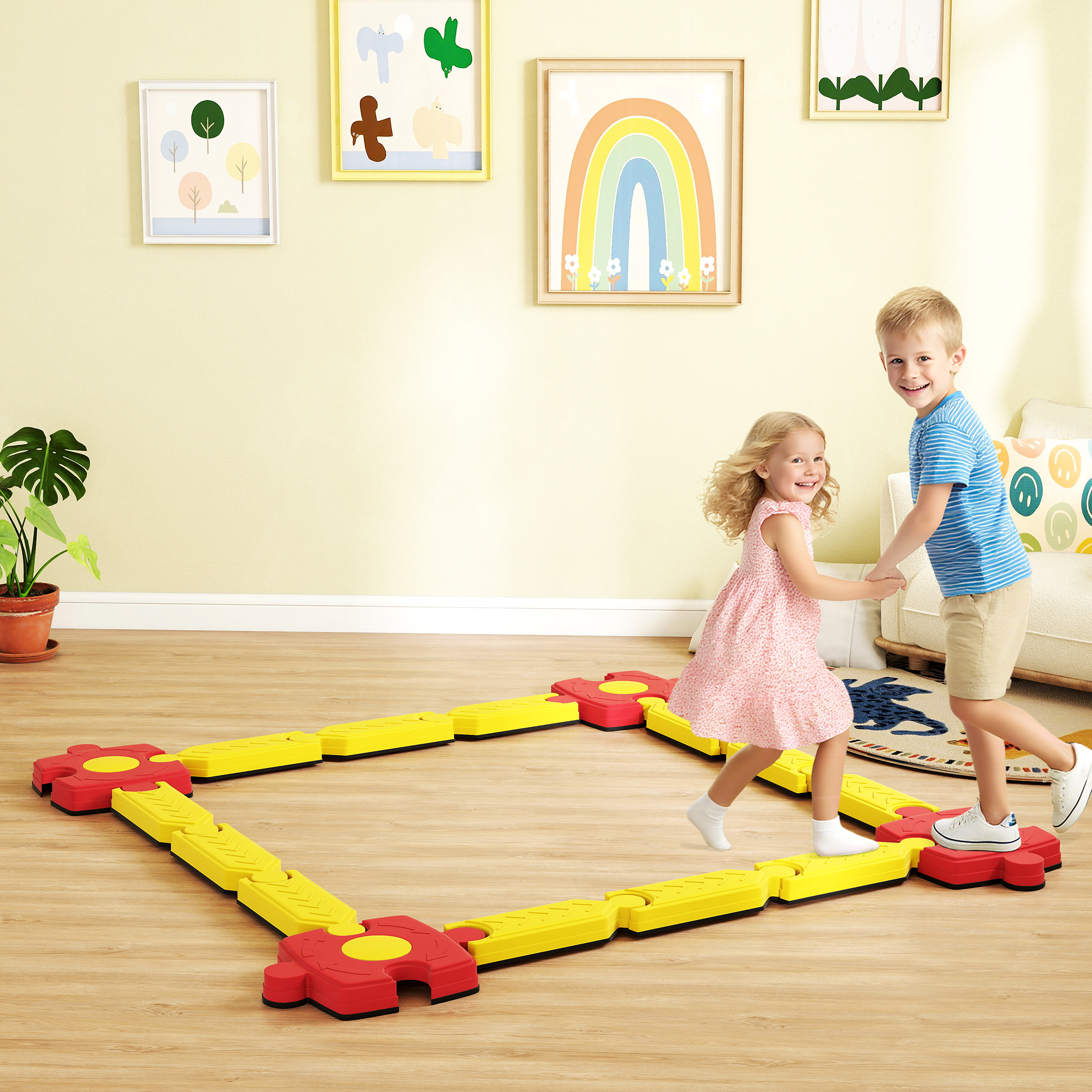 Kinder Schwebebalken-Set, frei gestaltbar, Kunststoff, flexible Teile, Gelb+Rot
