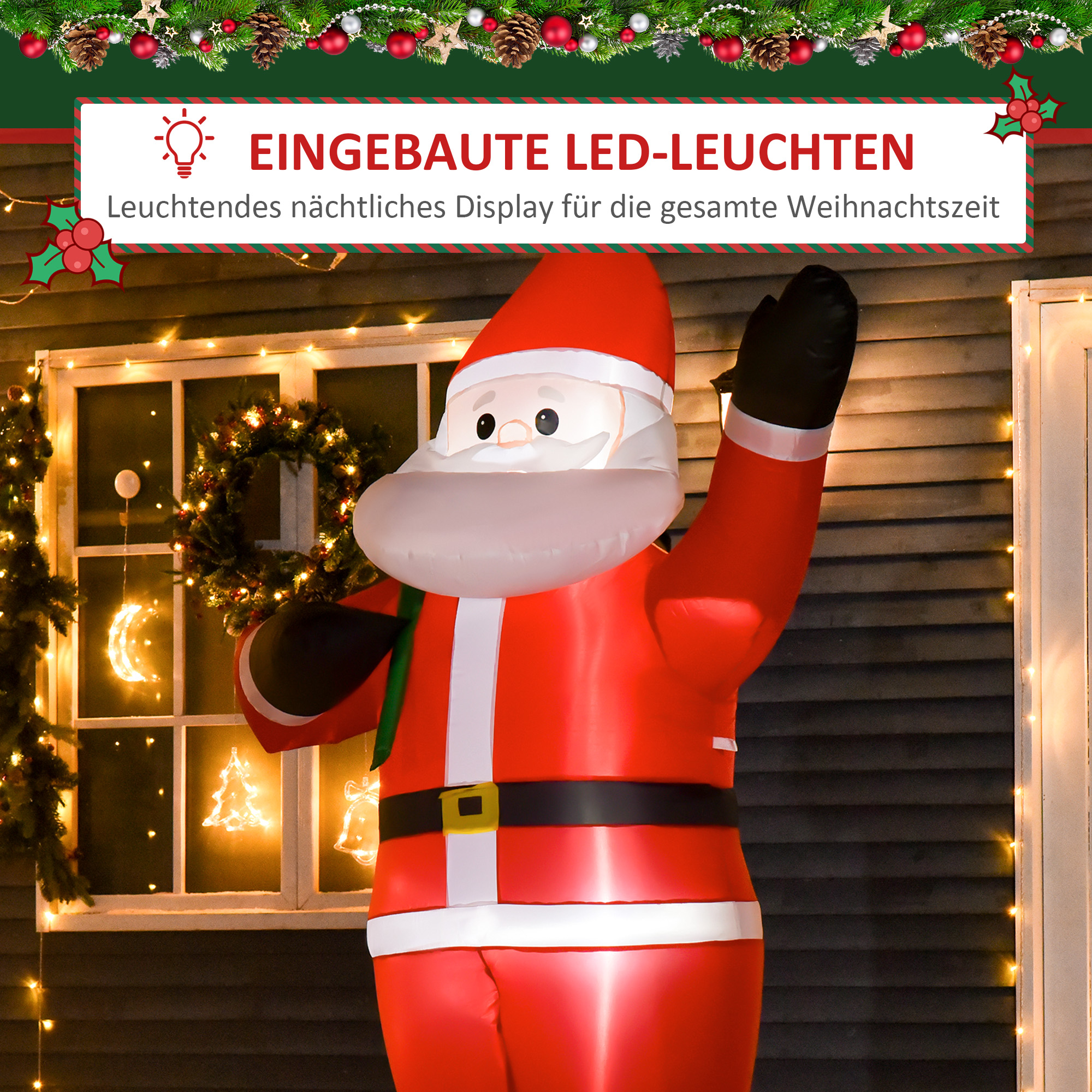 Weihnachtsmann, 2,40 m groß, mit LED-Beleuchtung, selbstaufblasende Gartendeko