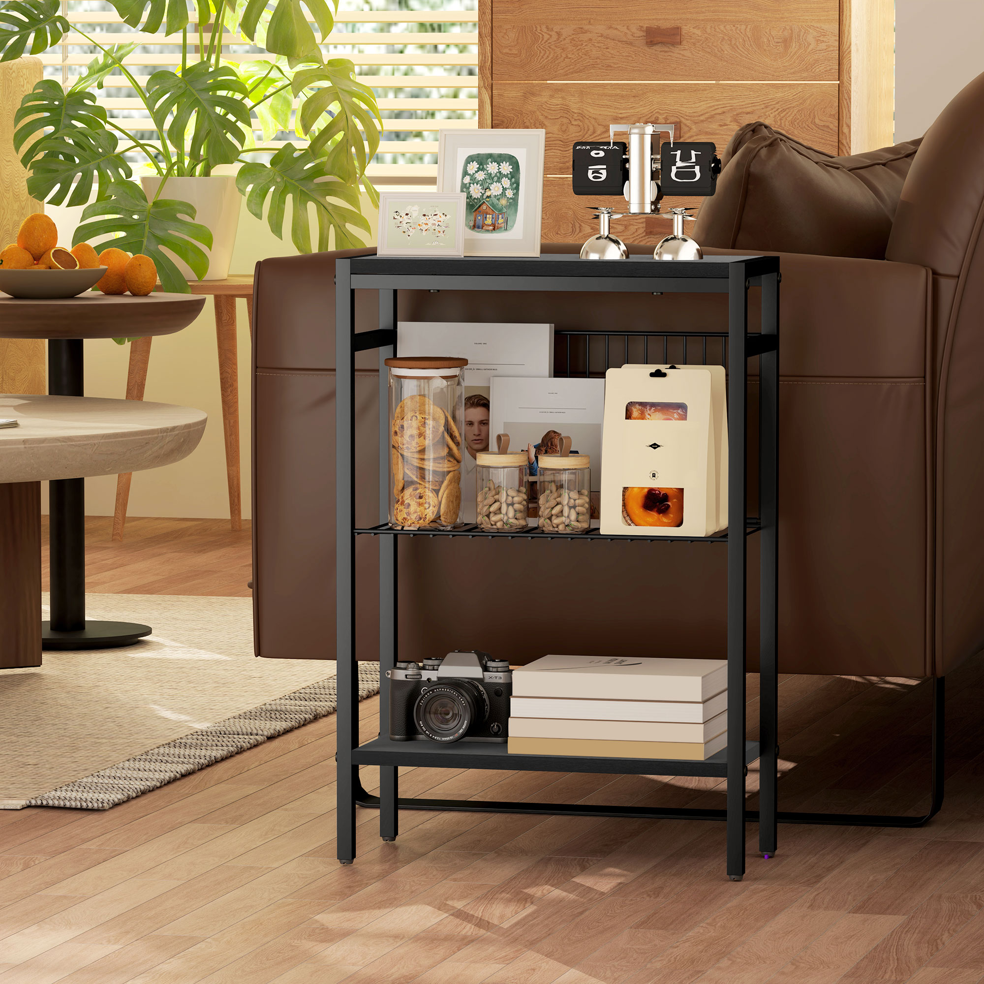 Beistelltisch, 3-stufiges Design, Regale in Holzoptik, Stahlrahmen, Schwarz