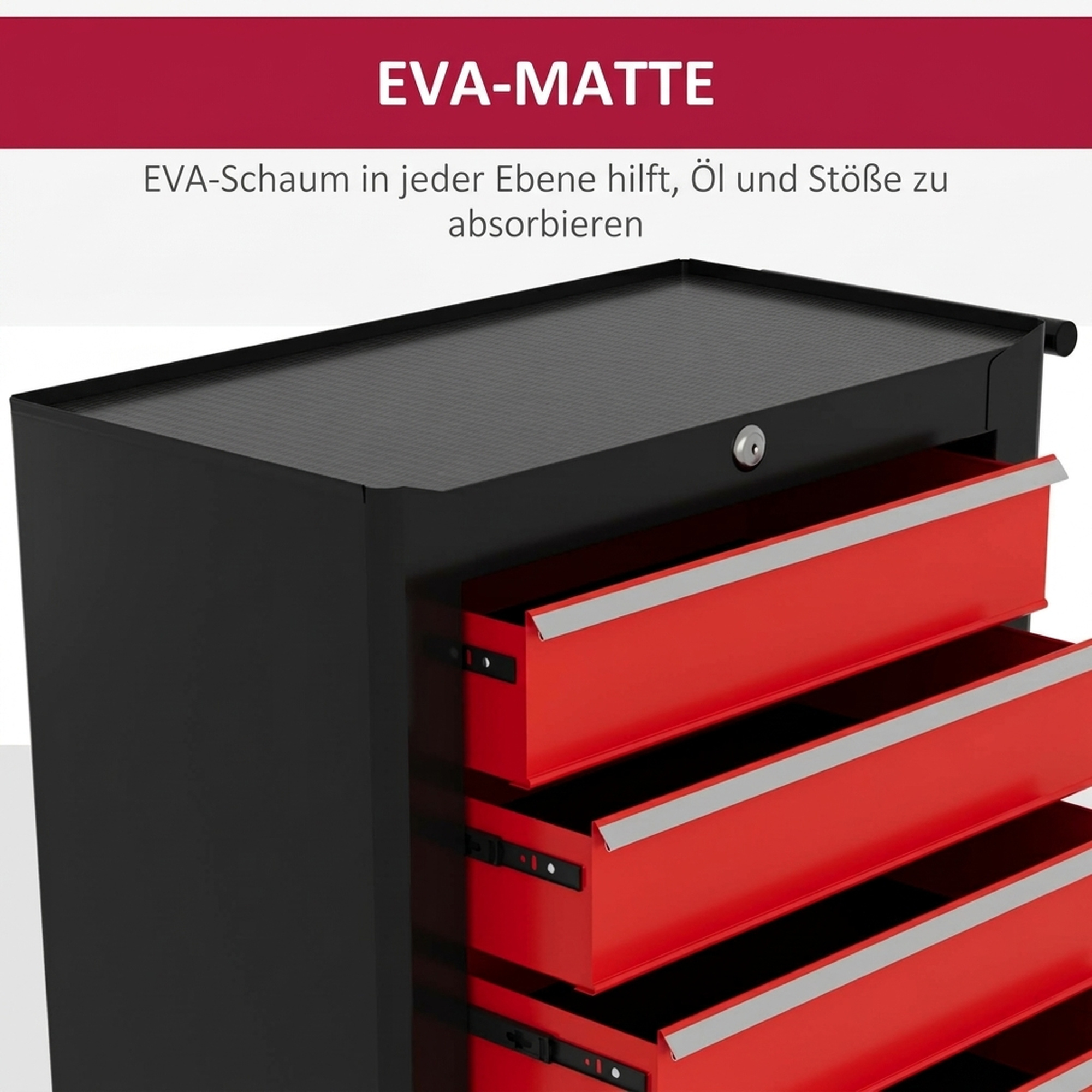 Werkzeugkiste, Werkzeugschrank, rollbar, 5 Schubladen, Stahlblech, Schwarz+Rot