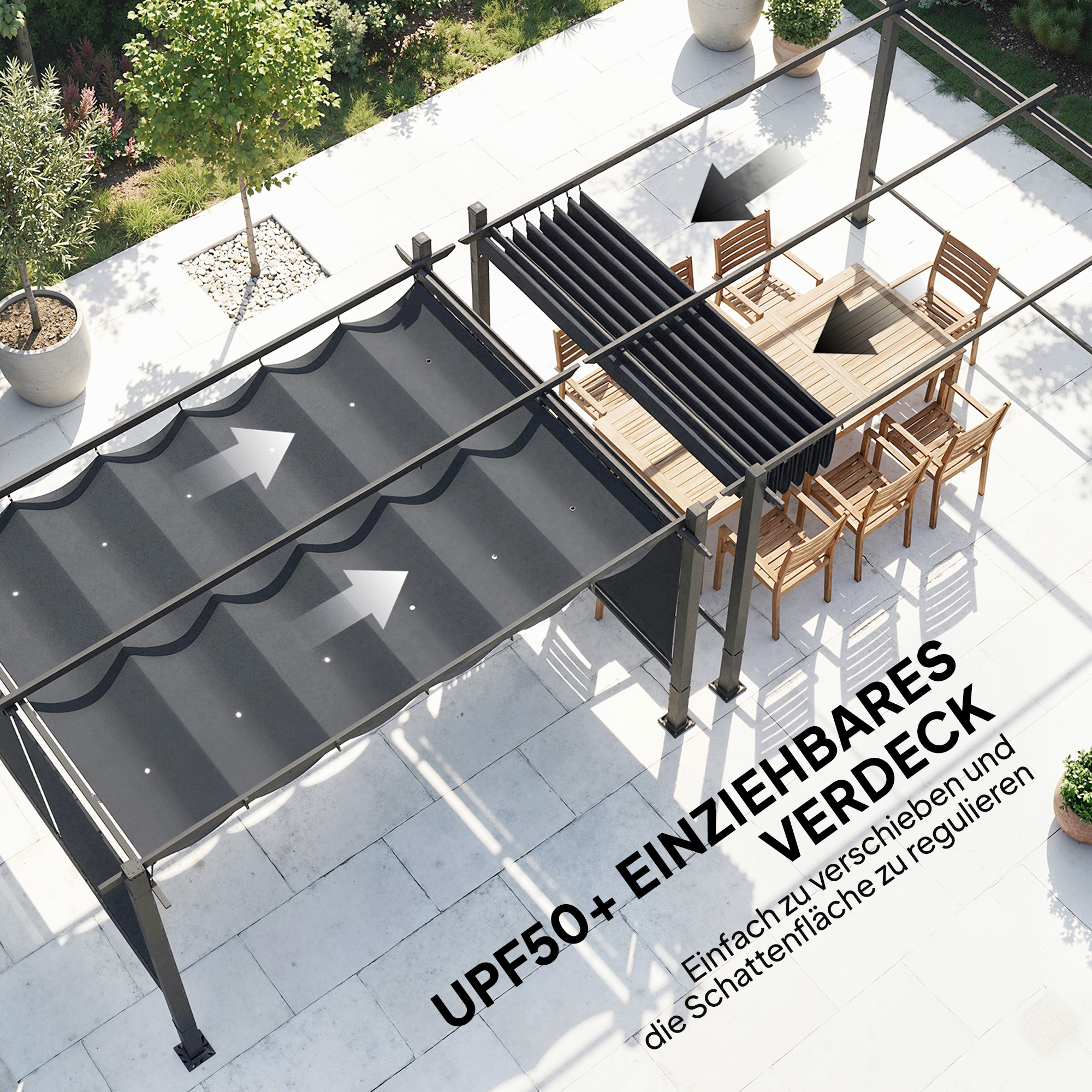 Pergola 3 x 4 m Terrassenüberdachung mit Schiebedach, automatisch einziehbaren Rollos, UV50+ Aluminiumrahmen