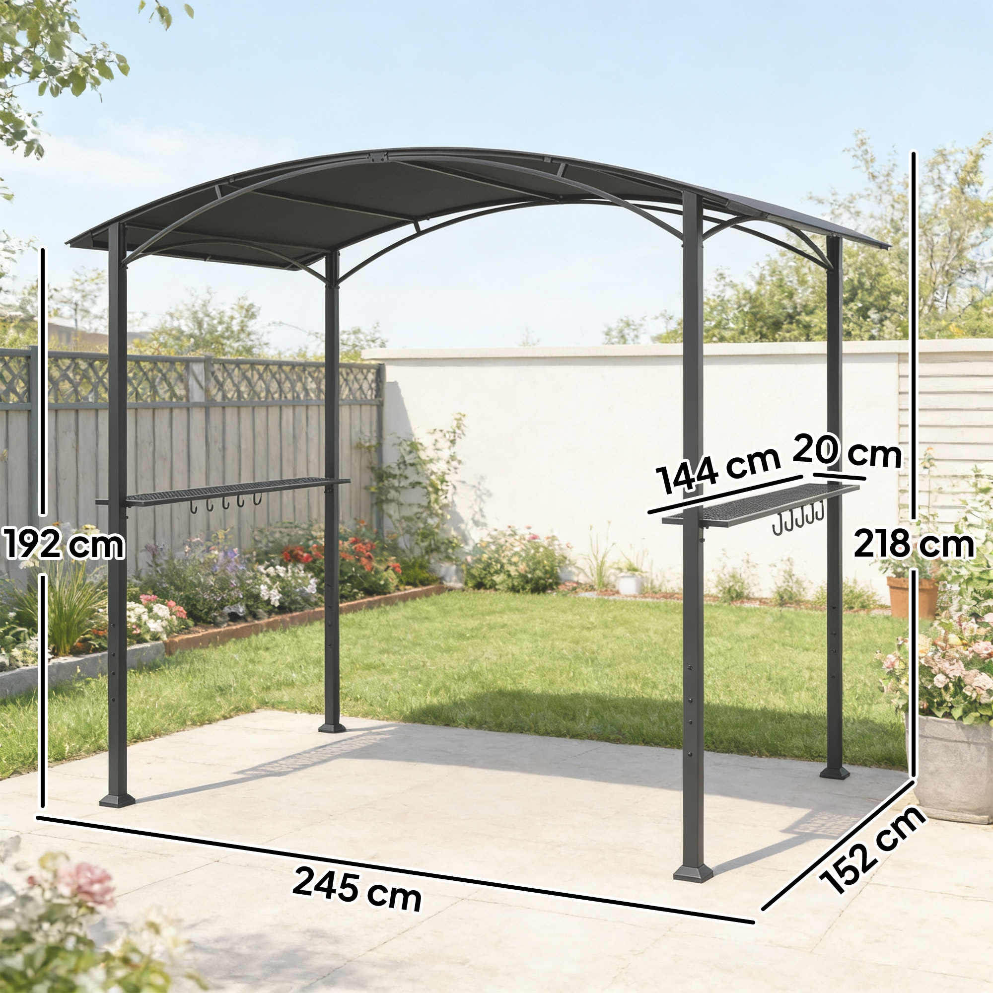 Grillpavillon 2,4 x 1,5 m flammhemmend Gartenpavillon mit Bogendach Seitenregale Haken Dunkelgrau