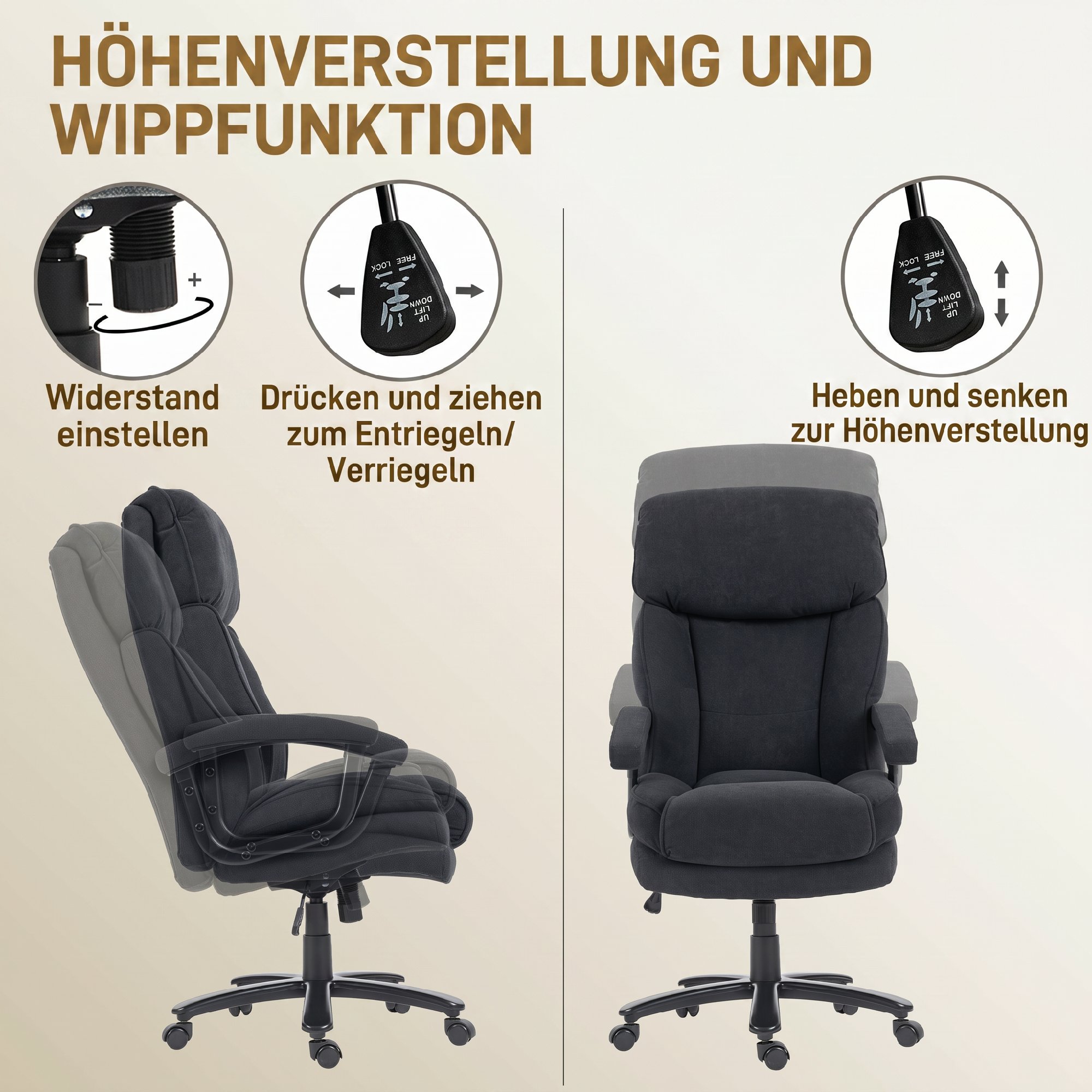 Chefsessel Ergonomisch Bürostuhl bis 200 kg mit Samtoptik, Hoher Rückenlehne, für Büro und Homeoffice Schwarz