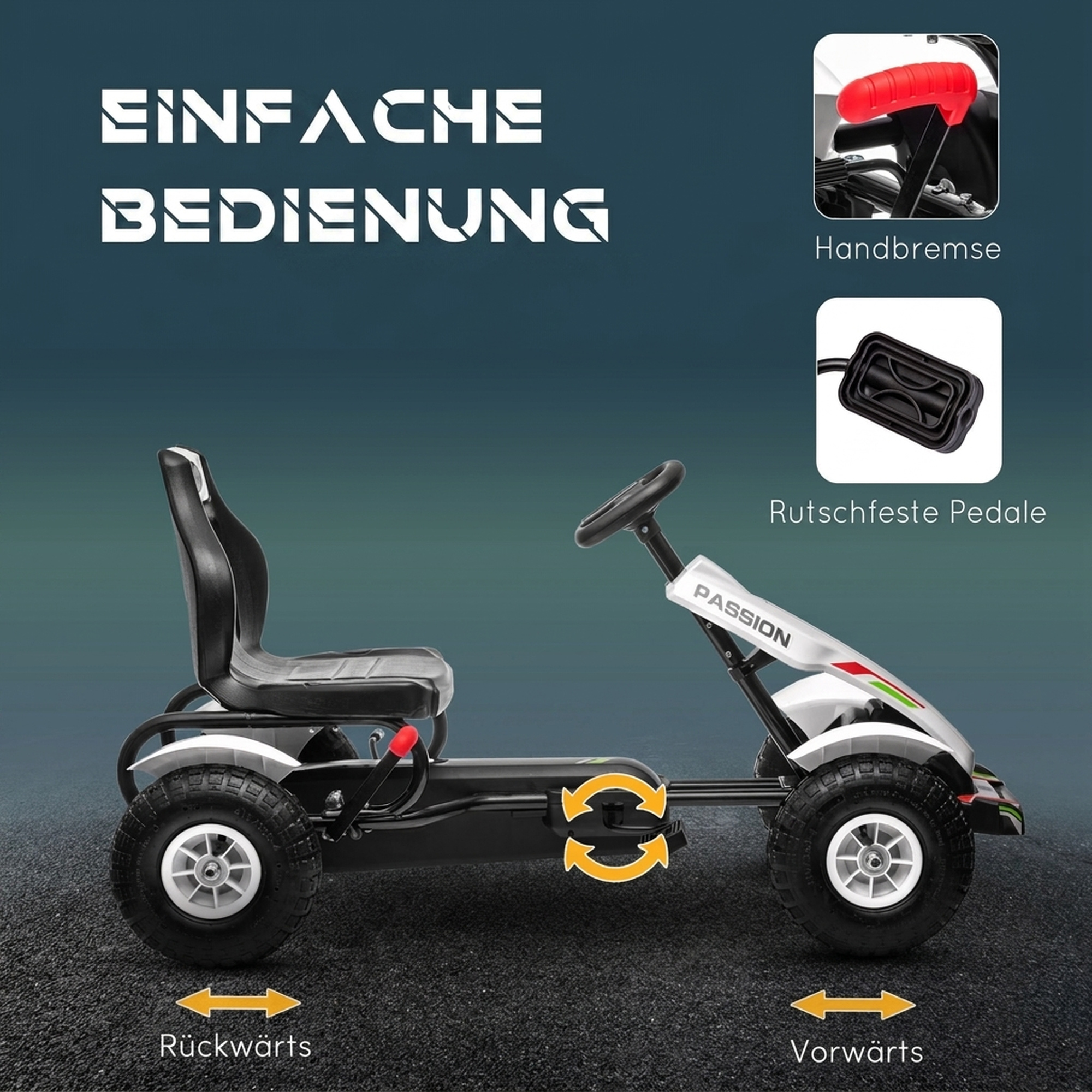 Gokart Tretauto mit Handbremse, verstellbarem Sitz, Vor- und Rückwärtsgang, bis 50kg für Kinder 5-12 Jahren Weiß