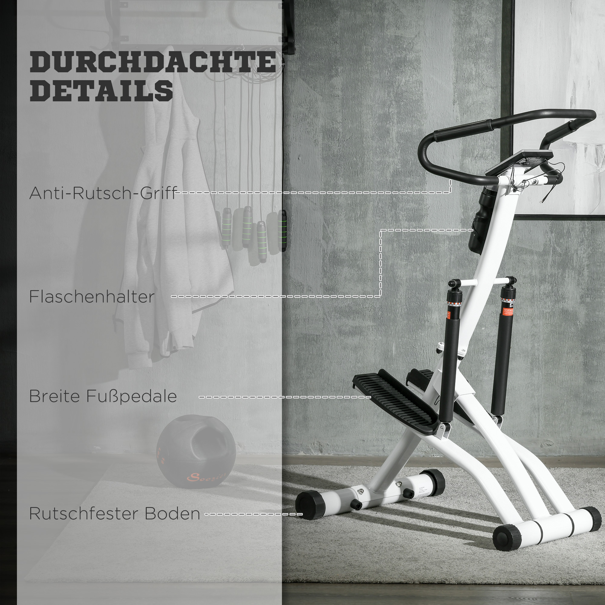 STEPPER mit 12 Widerstandsstufen, LCD-Anzeige, 2 Rollen, 80 cm  x 61 cm x 134 cm, Weiß + Schwarz