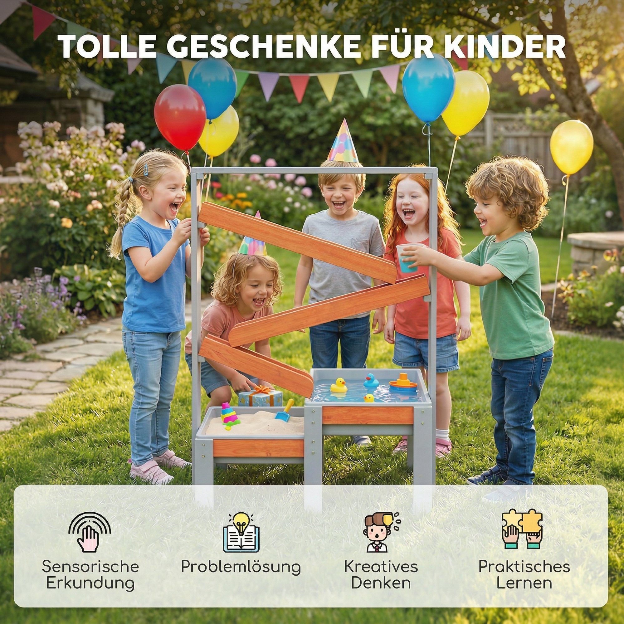 Sand Wasserspieltisch, Holz Wassertisch, Matschtisch mit Wasserbahn, 2 Becken Sandkastentisch für 3-8 Jahre Kinder Grau