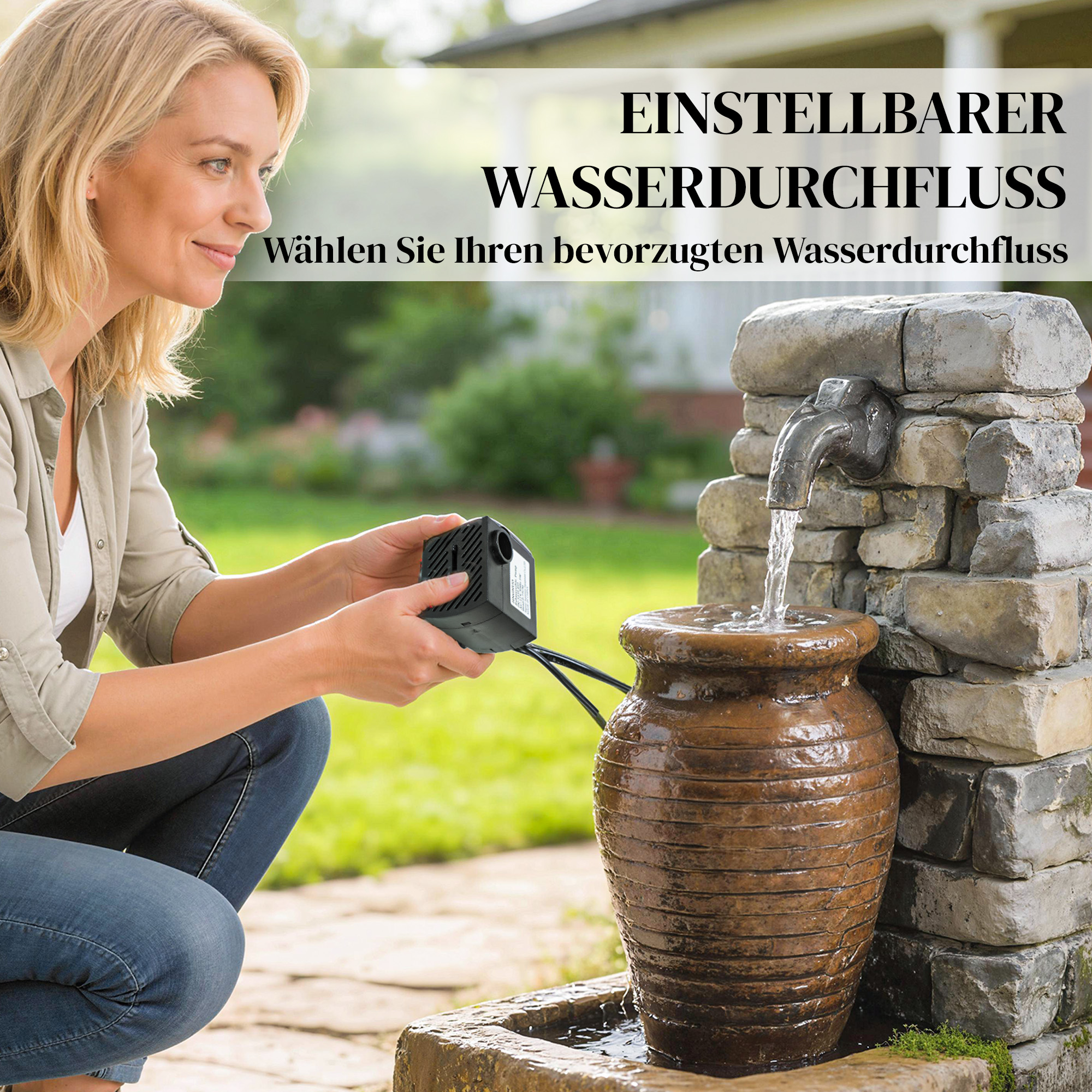 Gartenbrunnen mit einstellbarem Wasserfluss und 3-stufiger rustikaler Steinwand im Krugdesign
