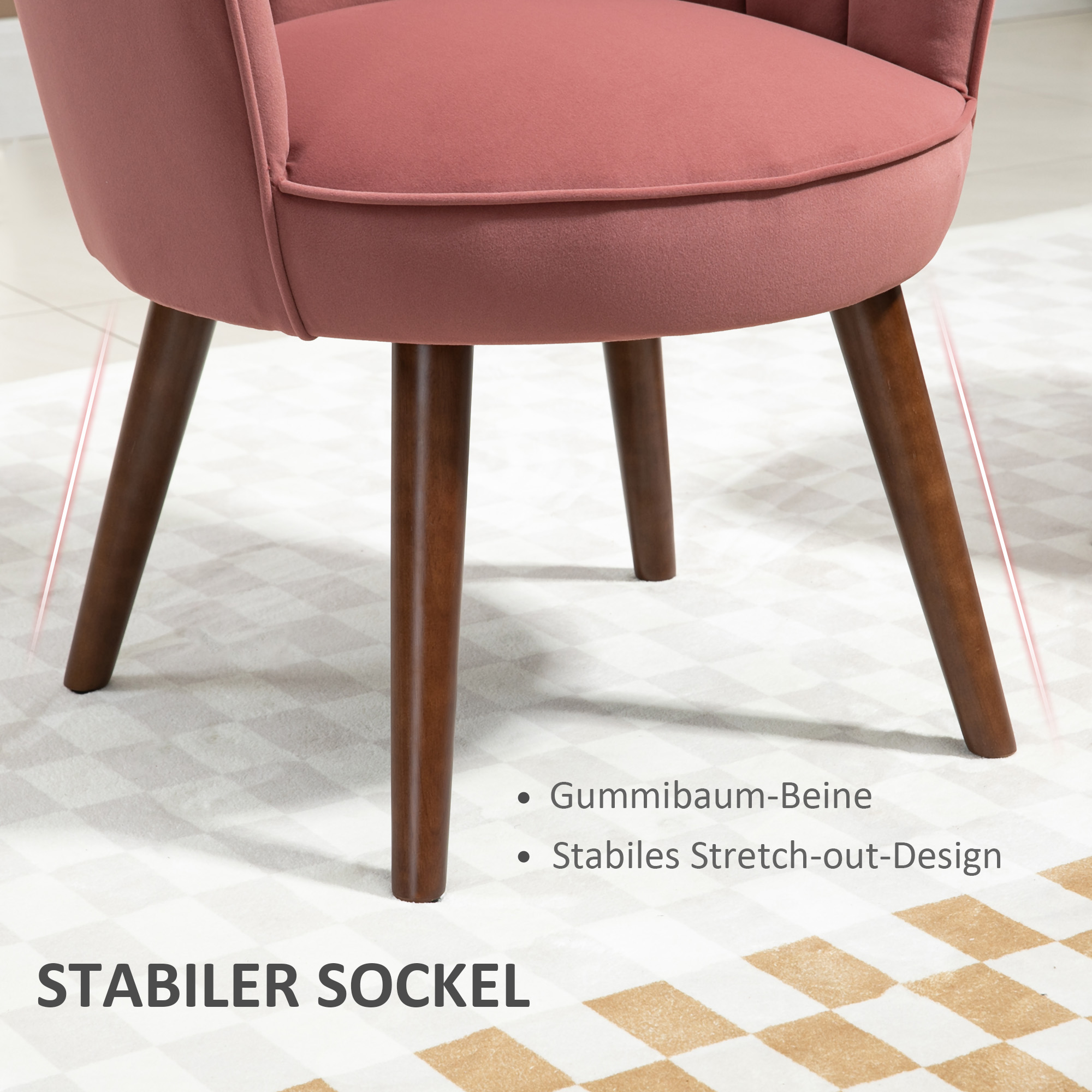 Sessel Wohnzimmer Loungesessel in Muschelform Relaxsessel mit Holzbeine, Polstersessel Lesesessel mit Samtoptik, Polsterstuhl für Schlafzimmer Rosa