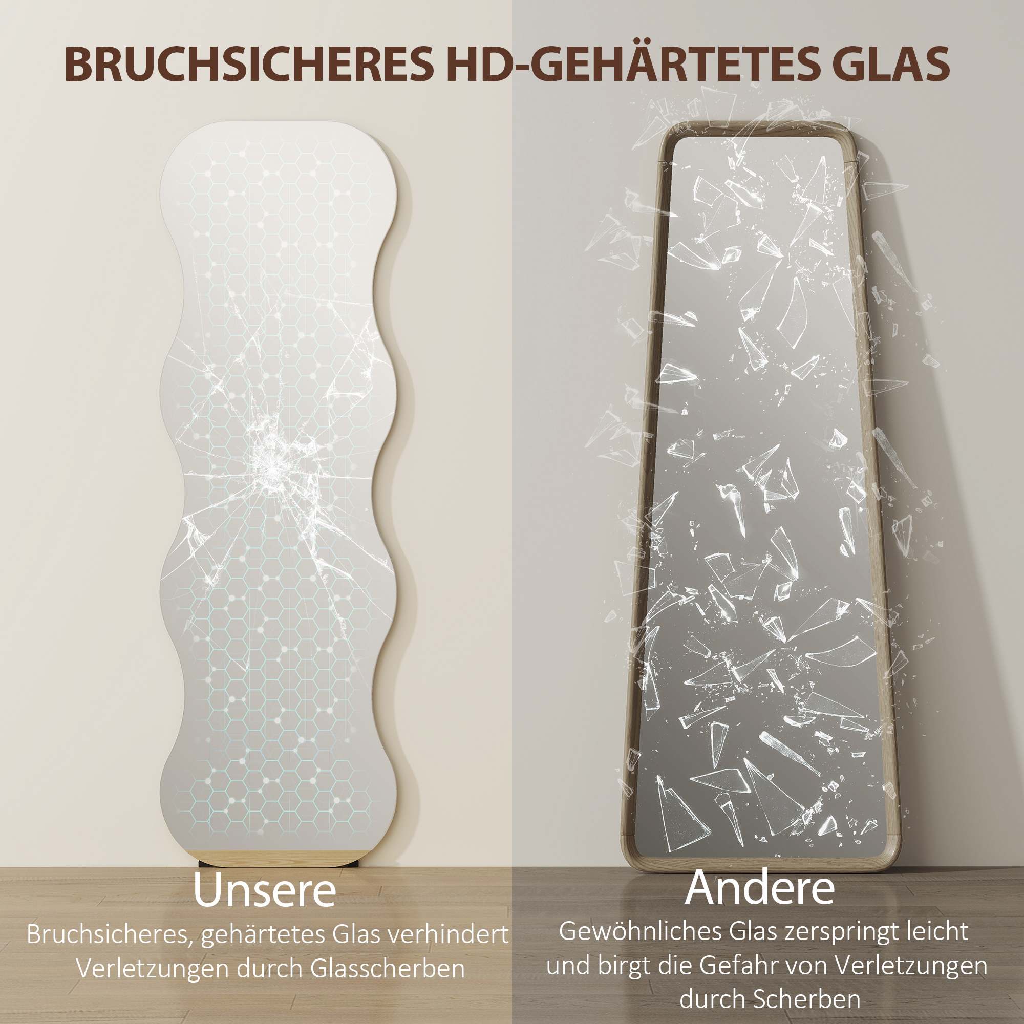 Ganzkörperspiegel ohne Rahmen, Holzbasis, flexibel platzierbar, Wellenform, Schwarz