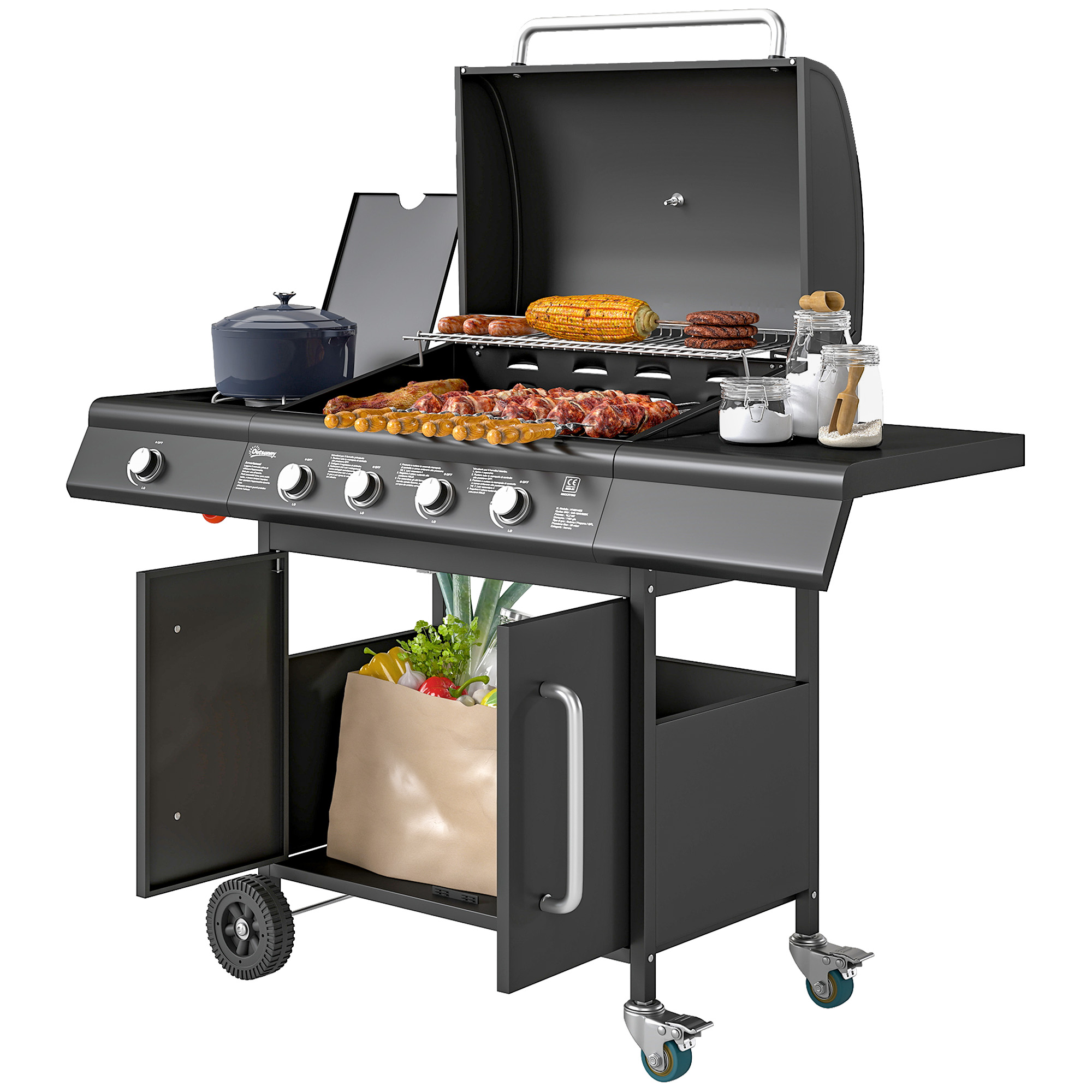 Gasgrill 15,2 KW Grillwagen inkl 5 Edelstahl-Brenner Rolle Seitenkocher 129,5 x 56 x 110 cm Schwarz