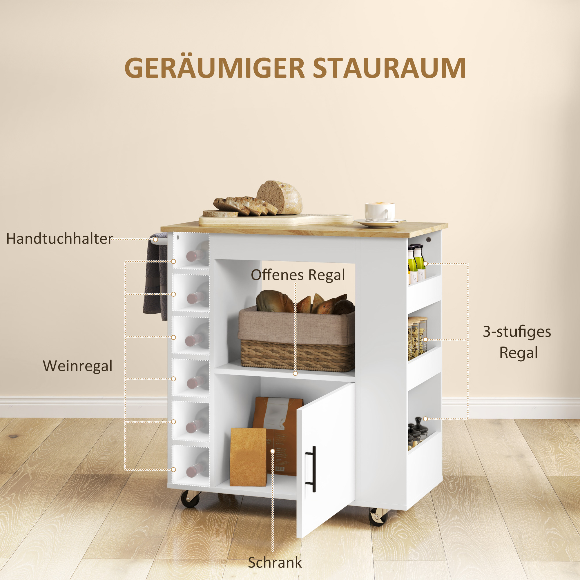 Küchenwagen, Rollbare Kücheninsel, Küchen-Trolley mit Fächern, Weinregalen, Schrank und Arbeitsfläche, Weiß